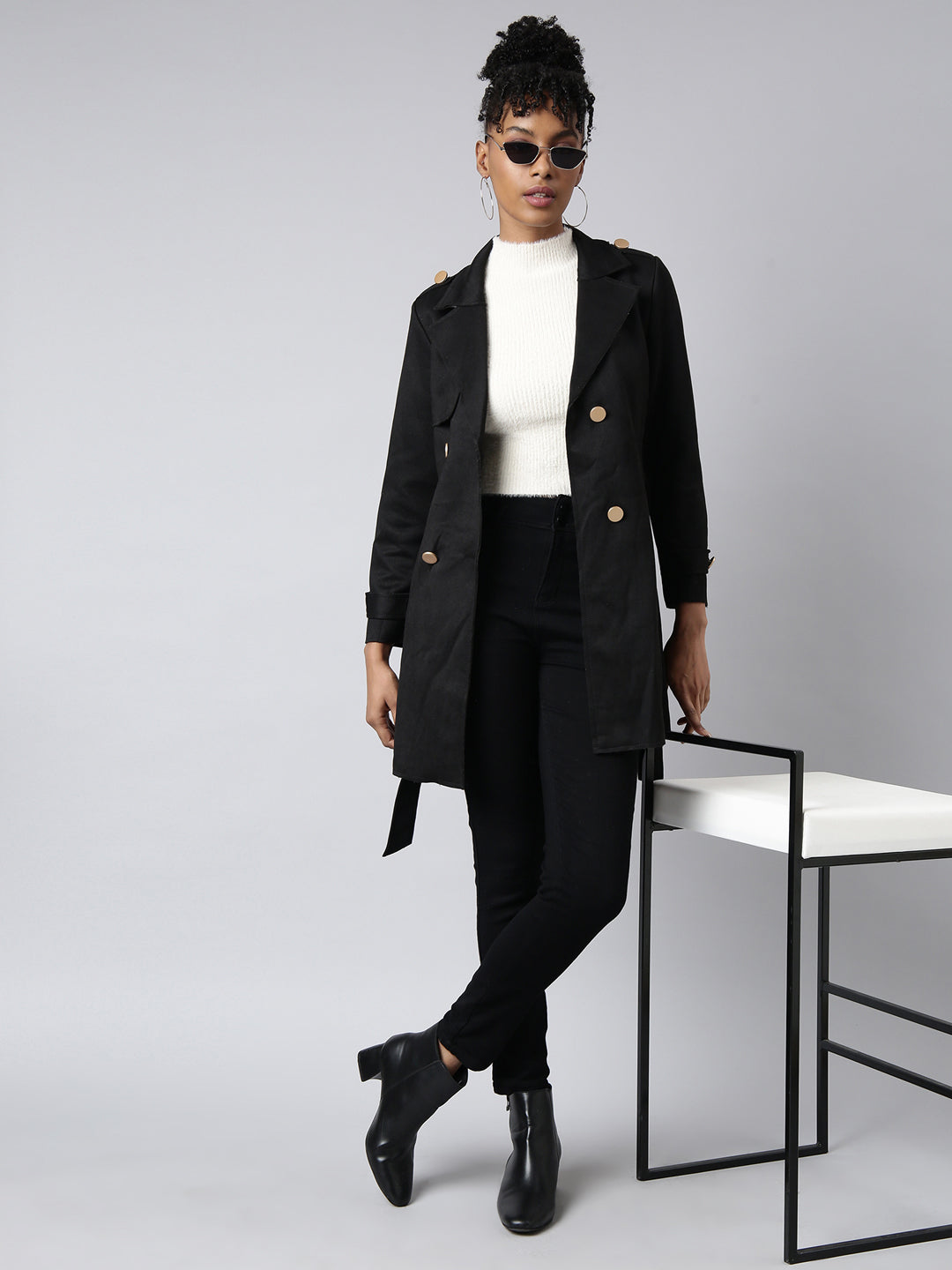 Women Solid Longline Black Trench Coat