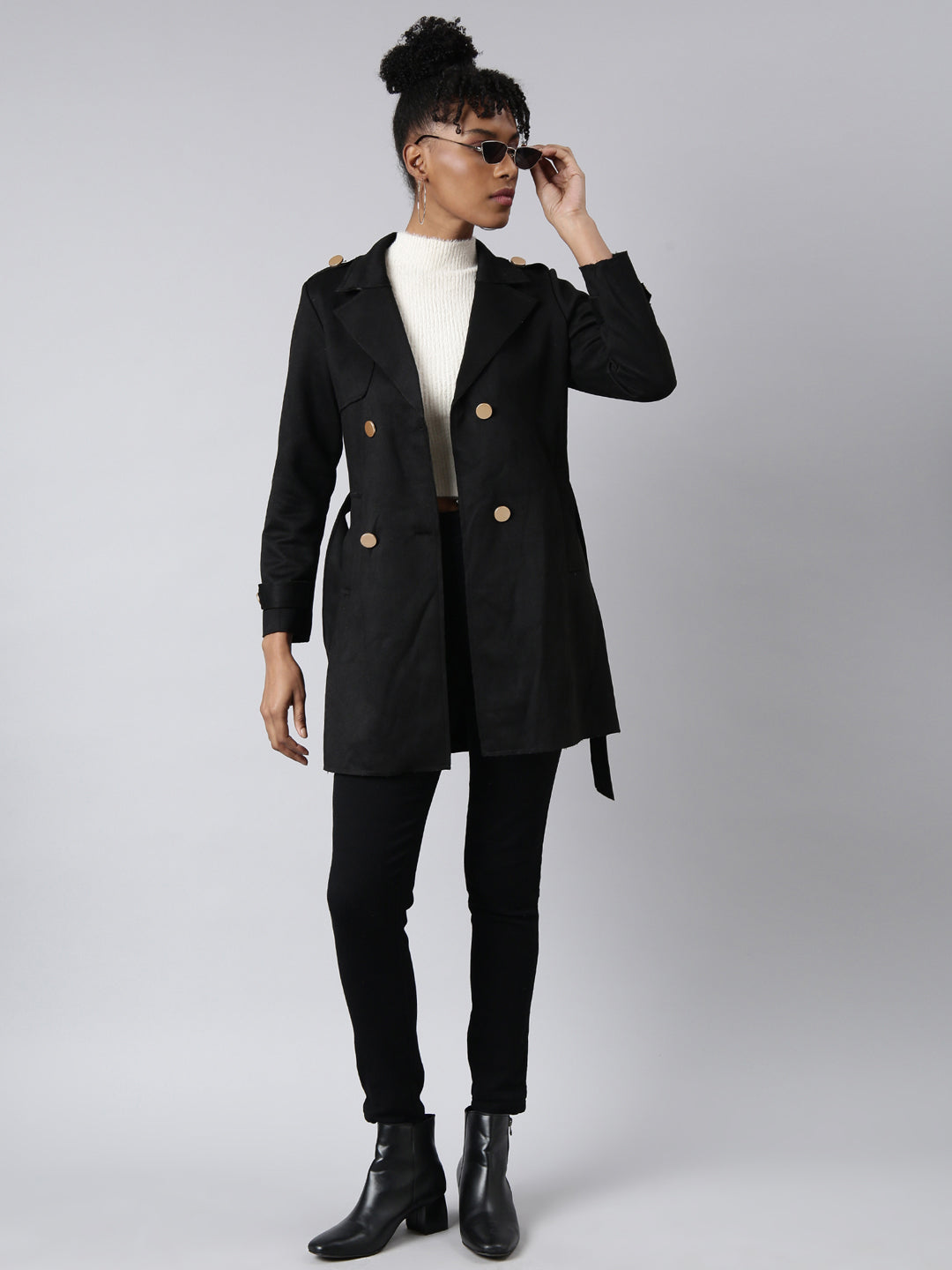 Women Solid Longline Black Trench Coat