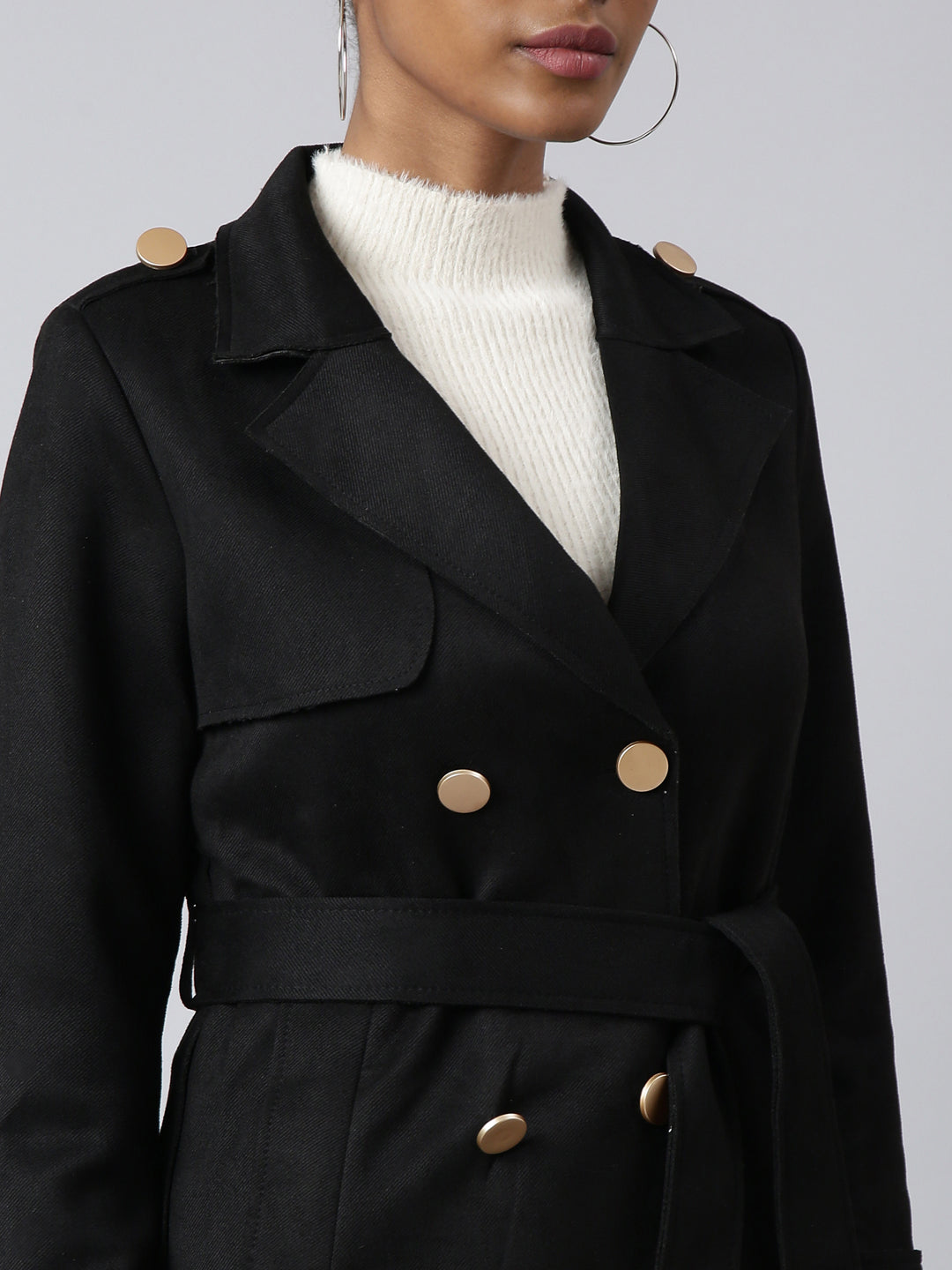 Women Solid Longline Black Trench Coat