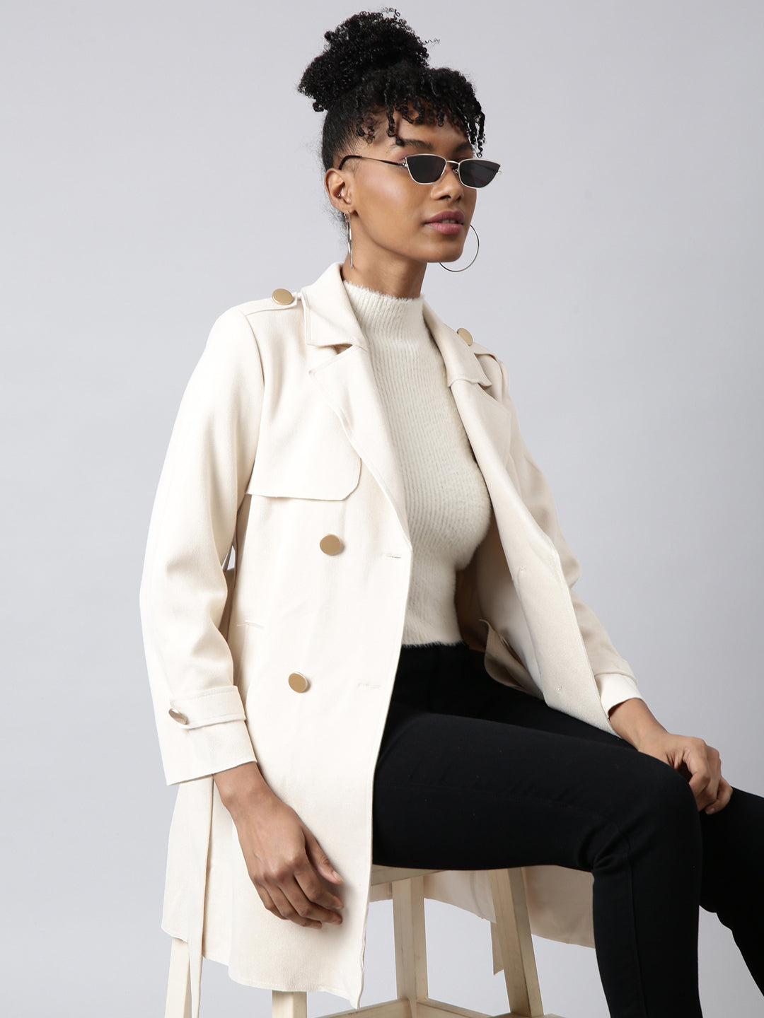 Women Solid Longline Cream Trench Coat