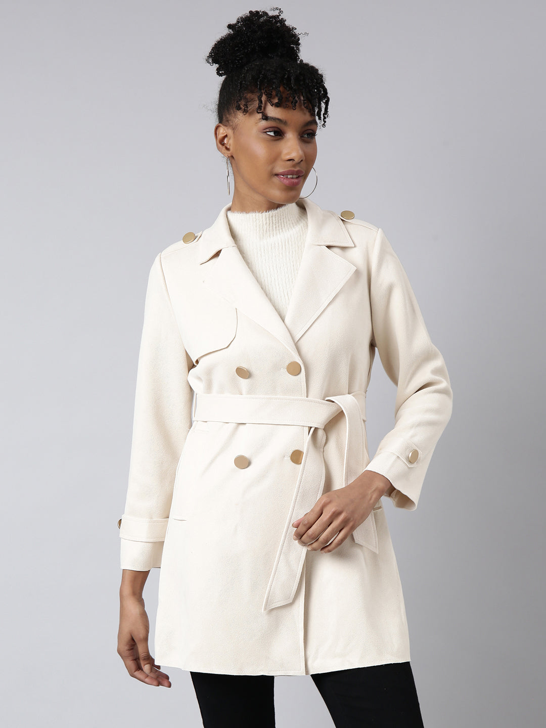 Women Solid Longline Cream Trench Coat