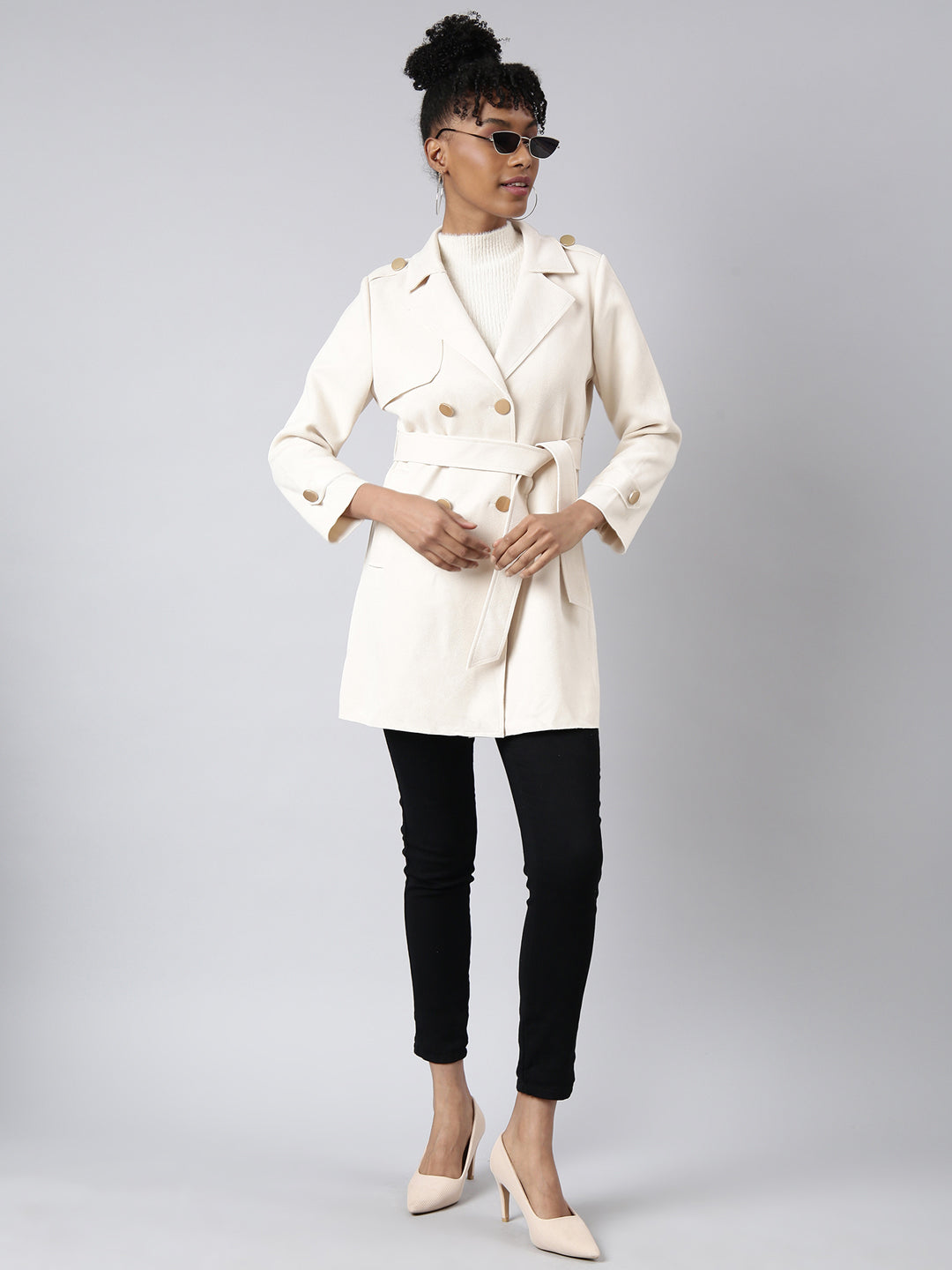 Women's Solid Longline Cream Trench Coat