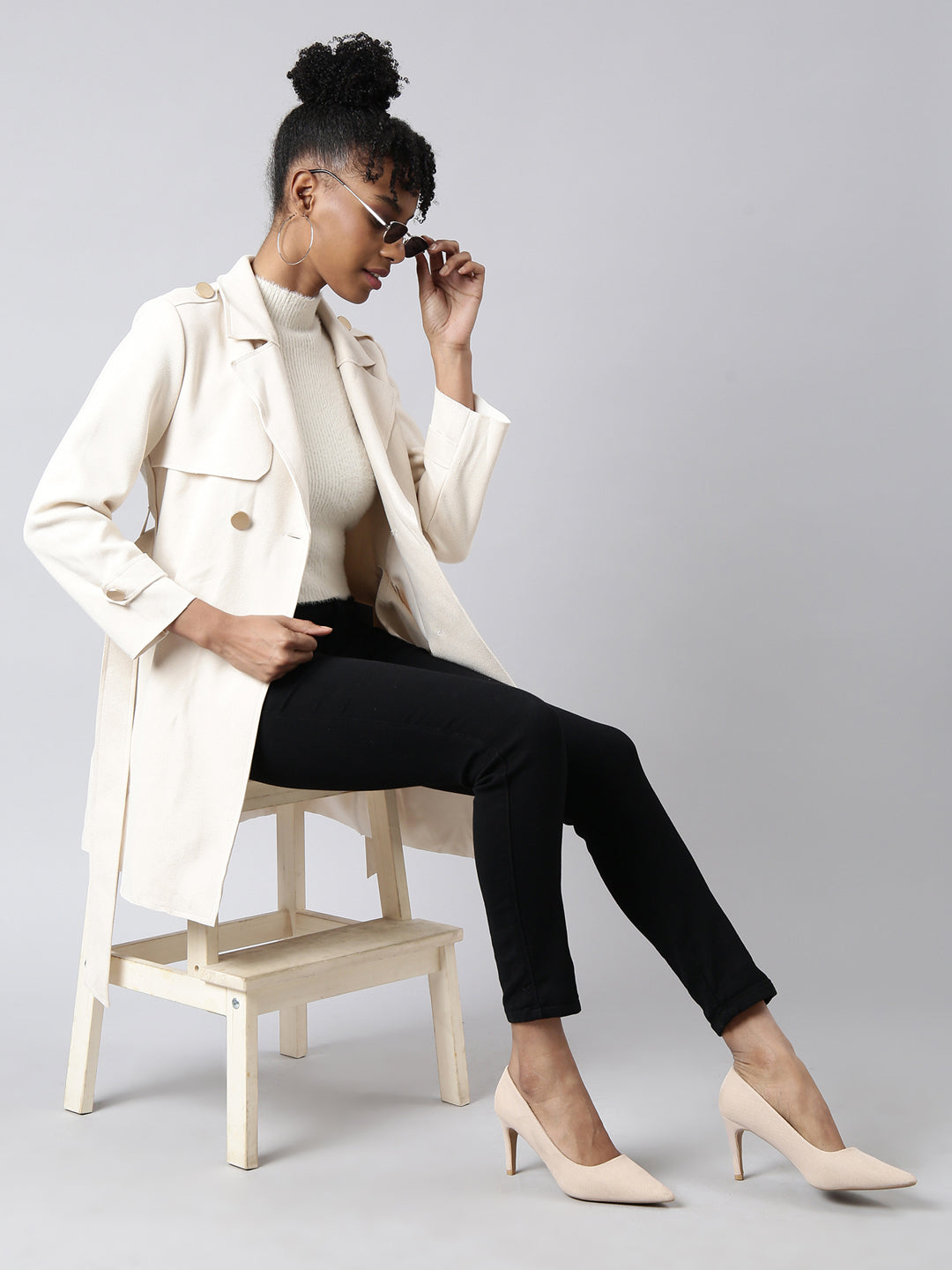Women's Solid Longline Cream Trench Coat