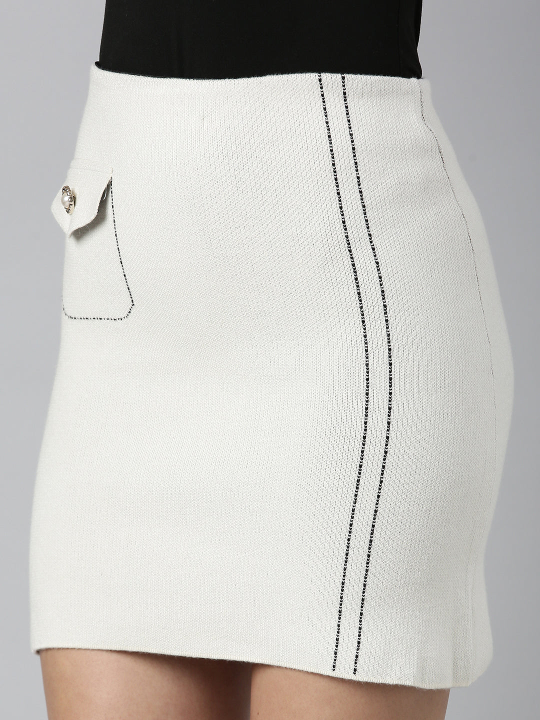 Women Self Design Cream Pencil Mini Skirt