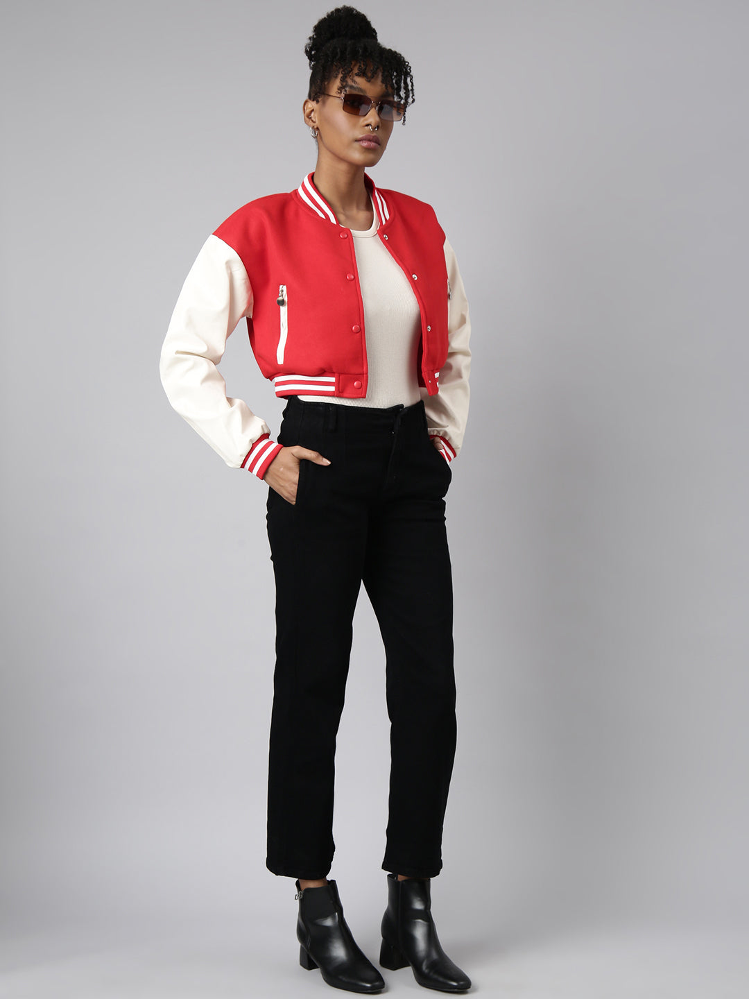 Women Solid Crop Red Drop Shoulder Oversized Varsity Jacket