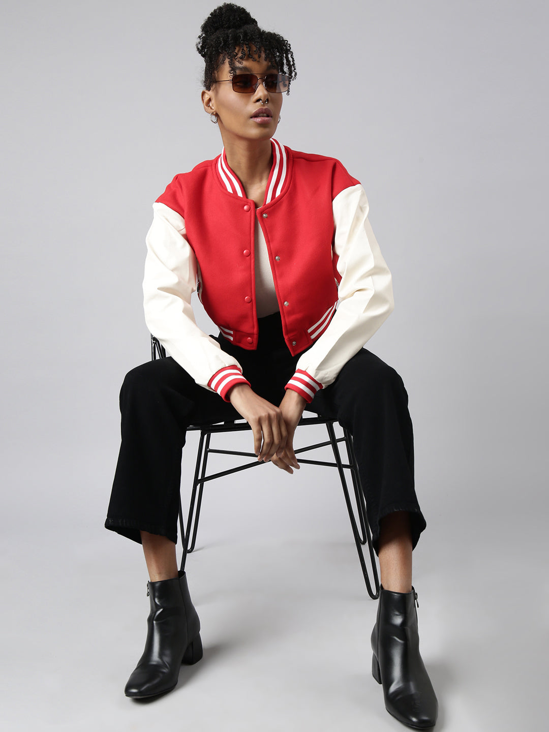 Women Solid Crop Red Drop Shoulder Oversized Varsity Jacket