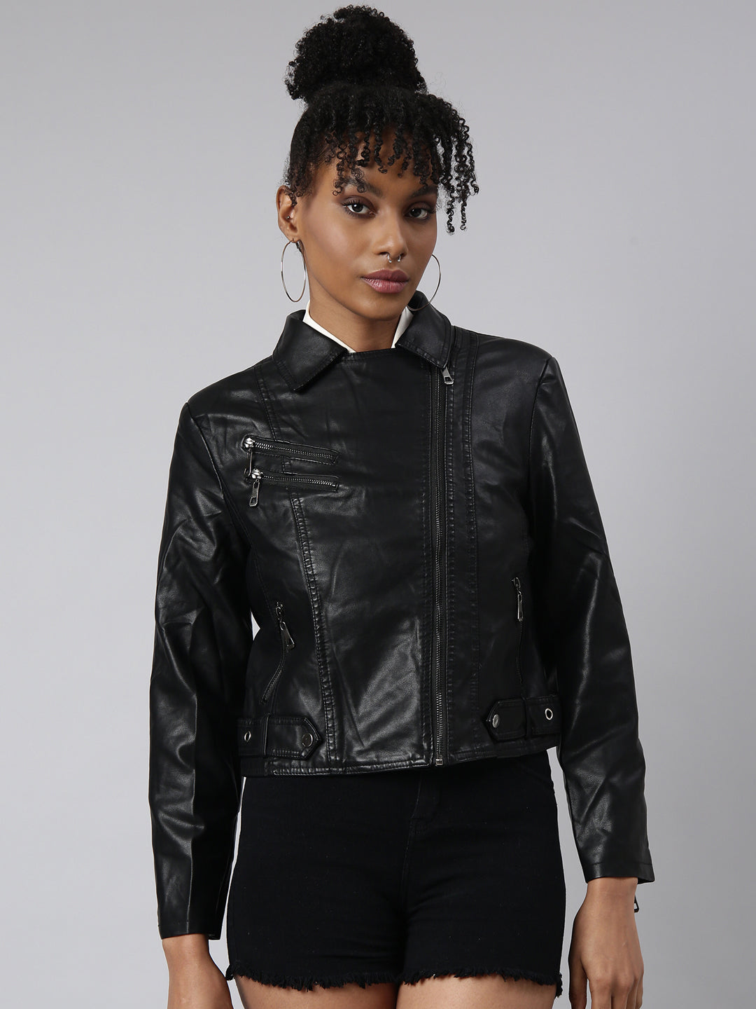 Women Solid Black Biker Jacket