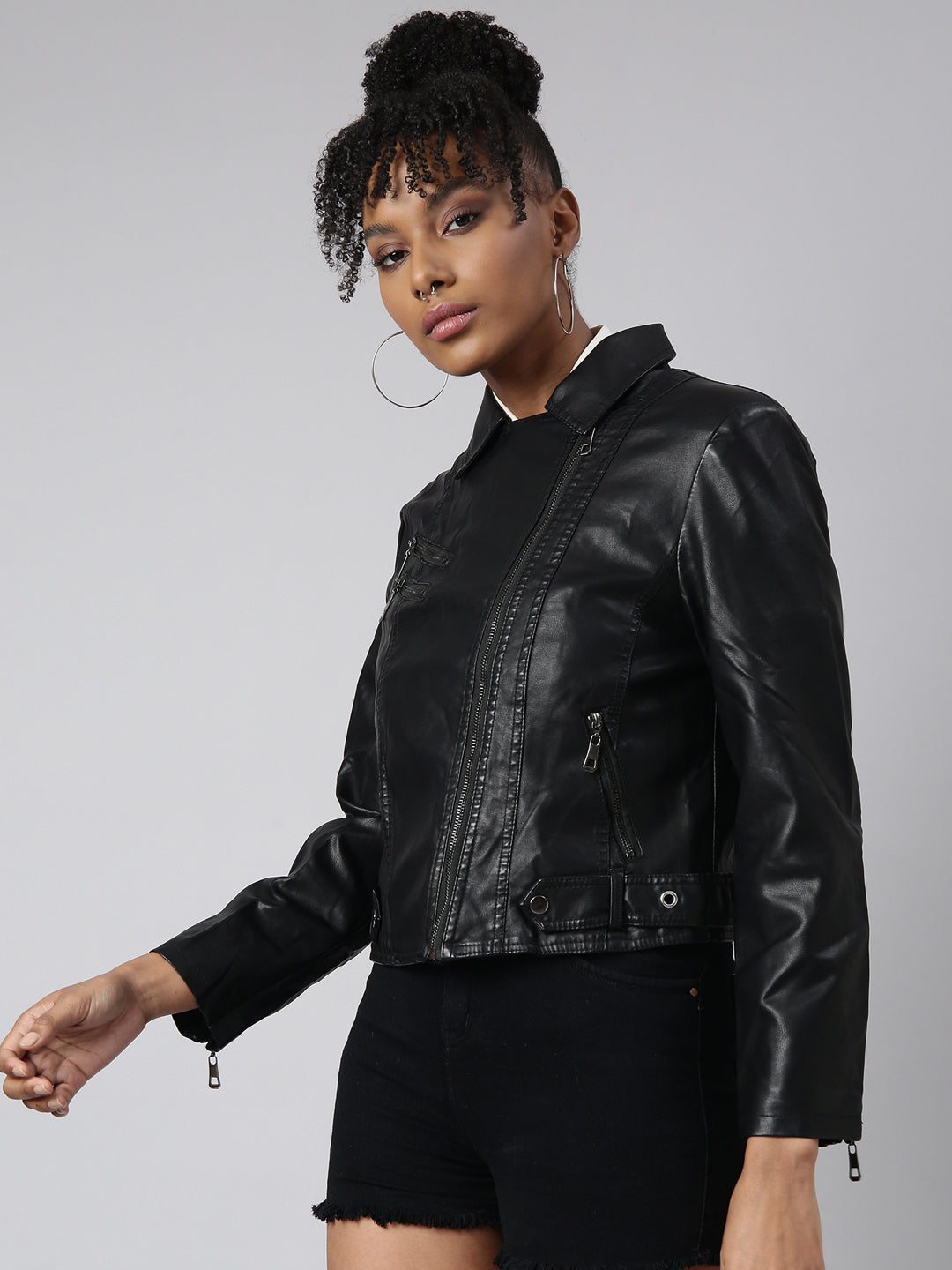 Women Solid Black Biker Jacket