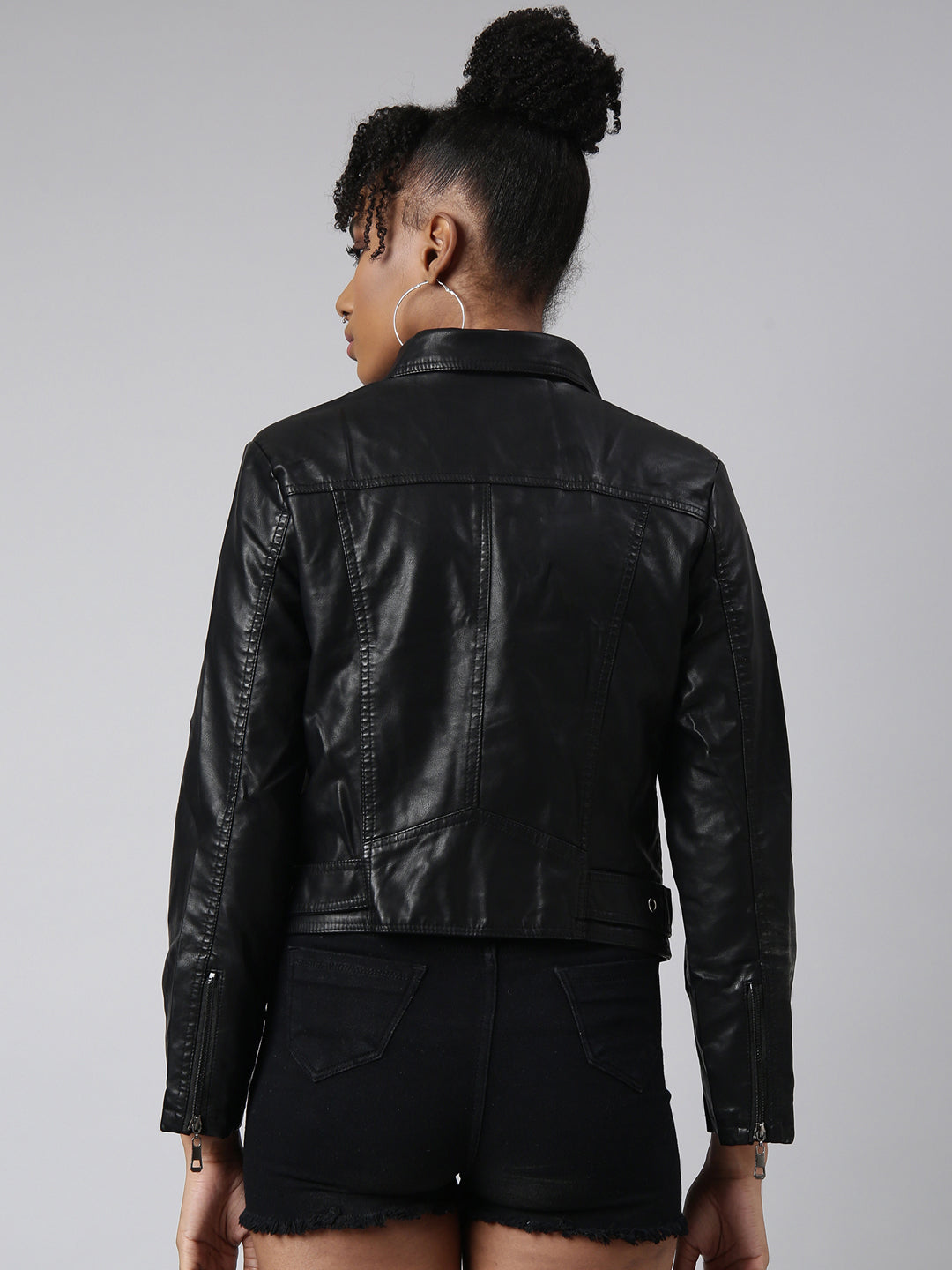 Women Solid Black Biker Jacket