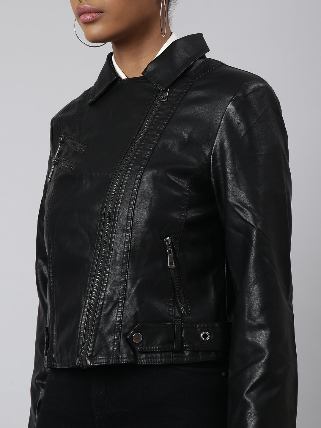 Women Solid Black Biker Jacket