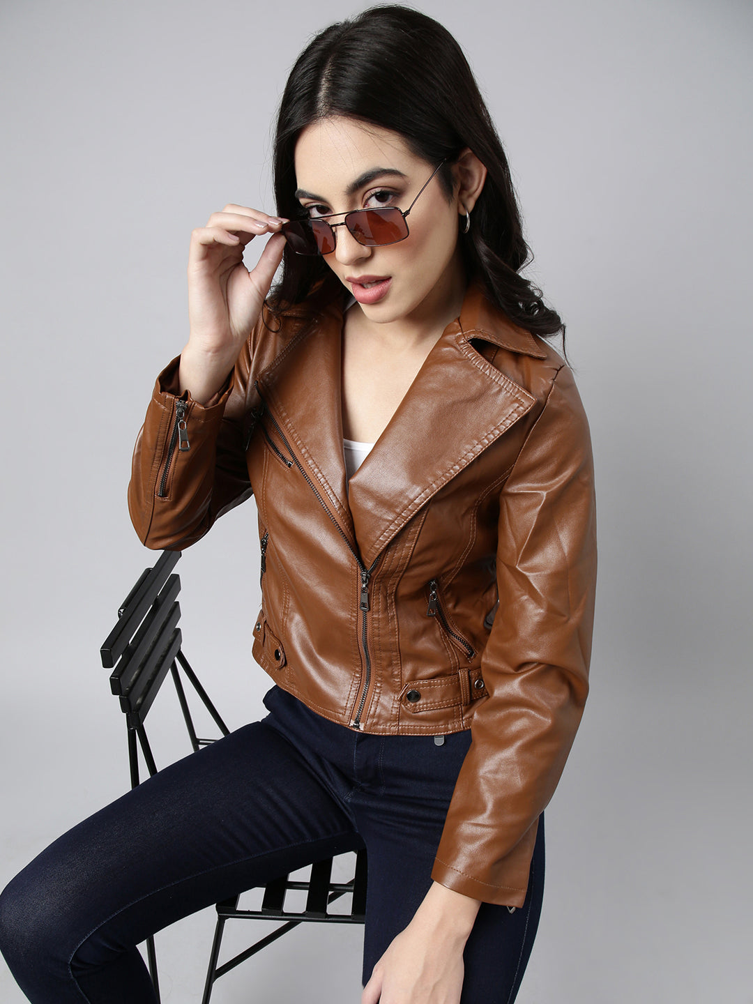 Women Solid Brown Biker Jacket