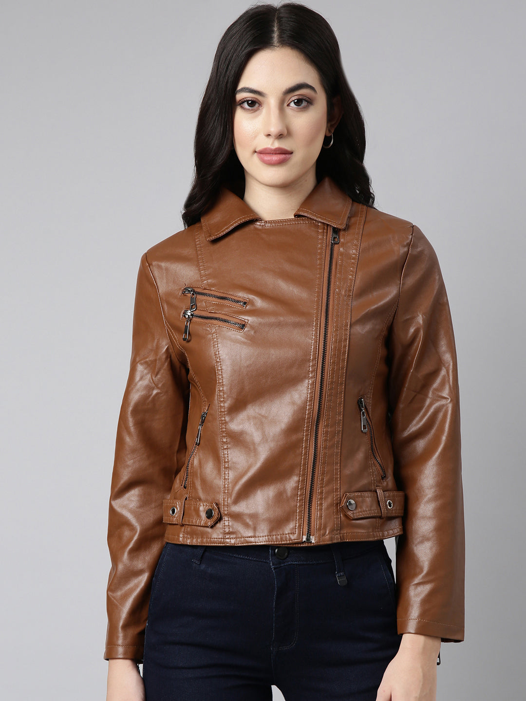 Women Solid Brown Biker Jacket