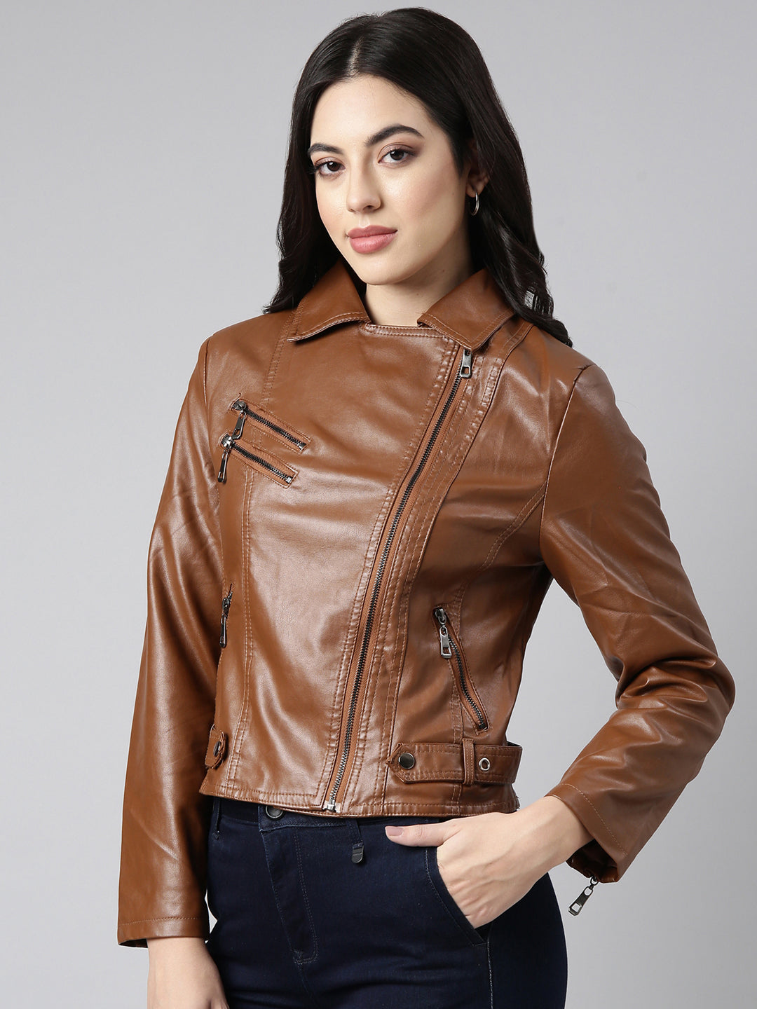 Women Solid Brown Biker Jacket