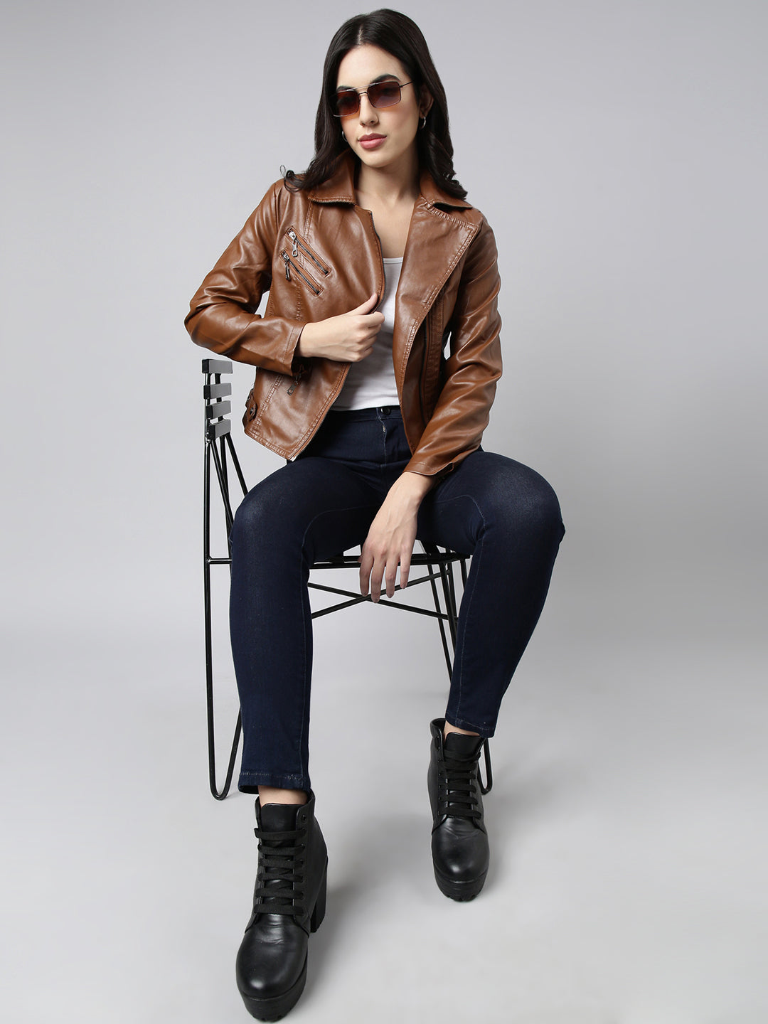 Women Solid Brown Biker Jacket