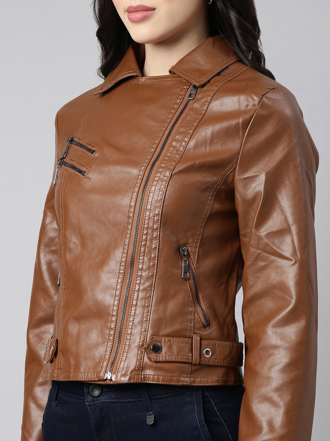 Women Solid Brown Biker Jacket