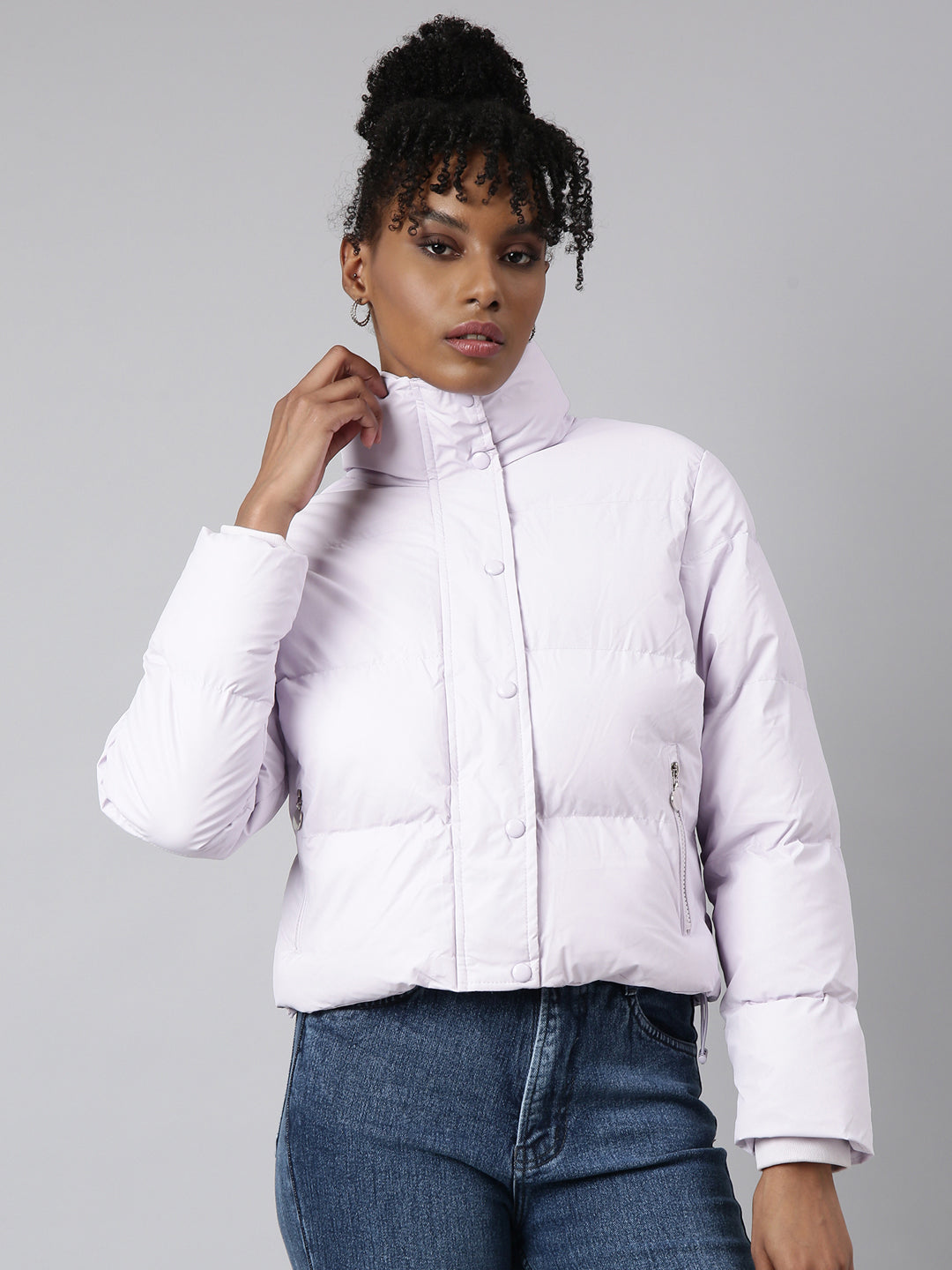 Women Solid Lavender Puffer Jacket