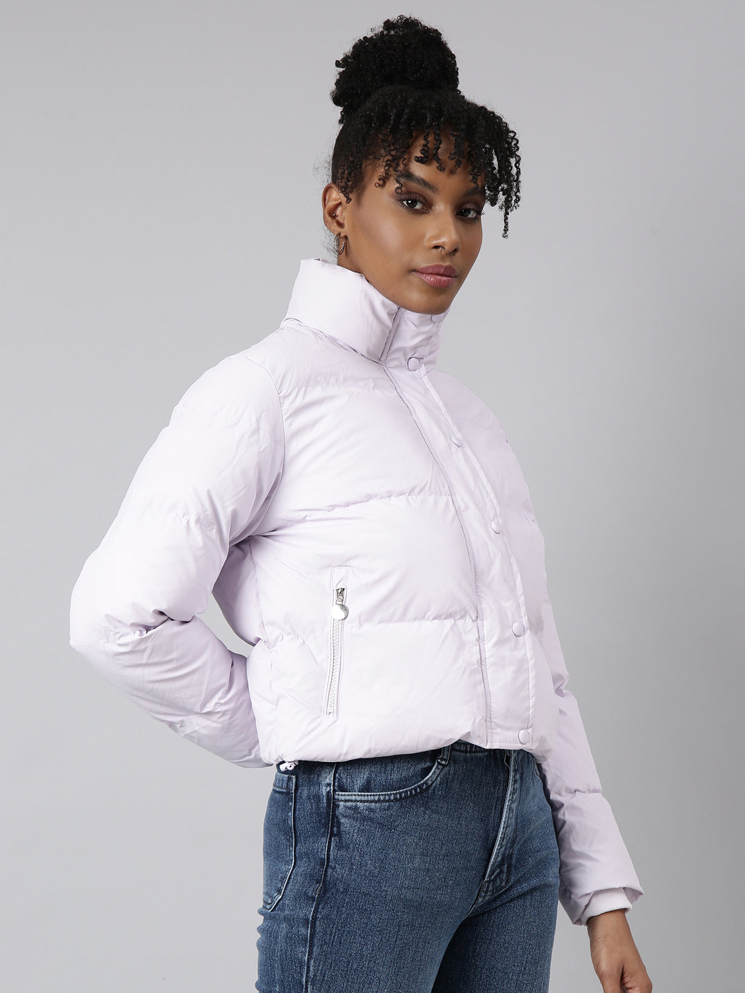 Women Solid Lavender Puffer Jacket