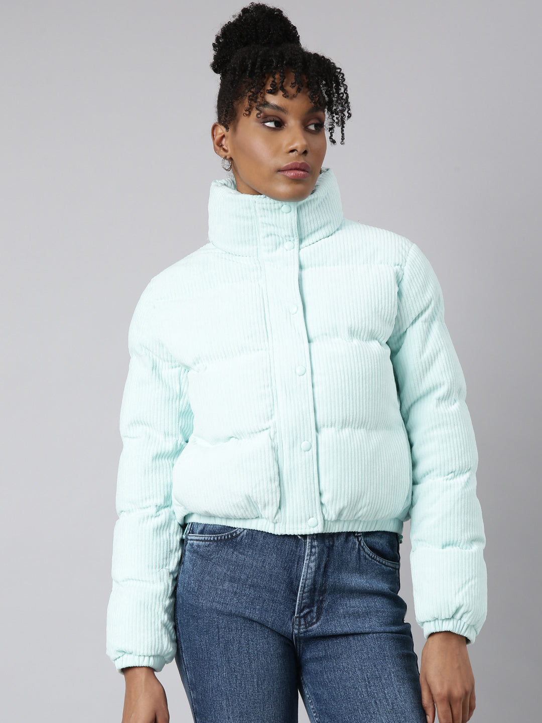 Women Solid Sea Green Puffer Jacket