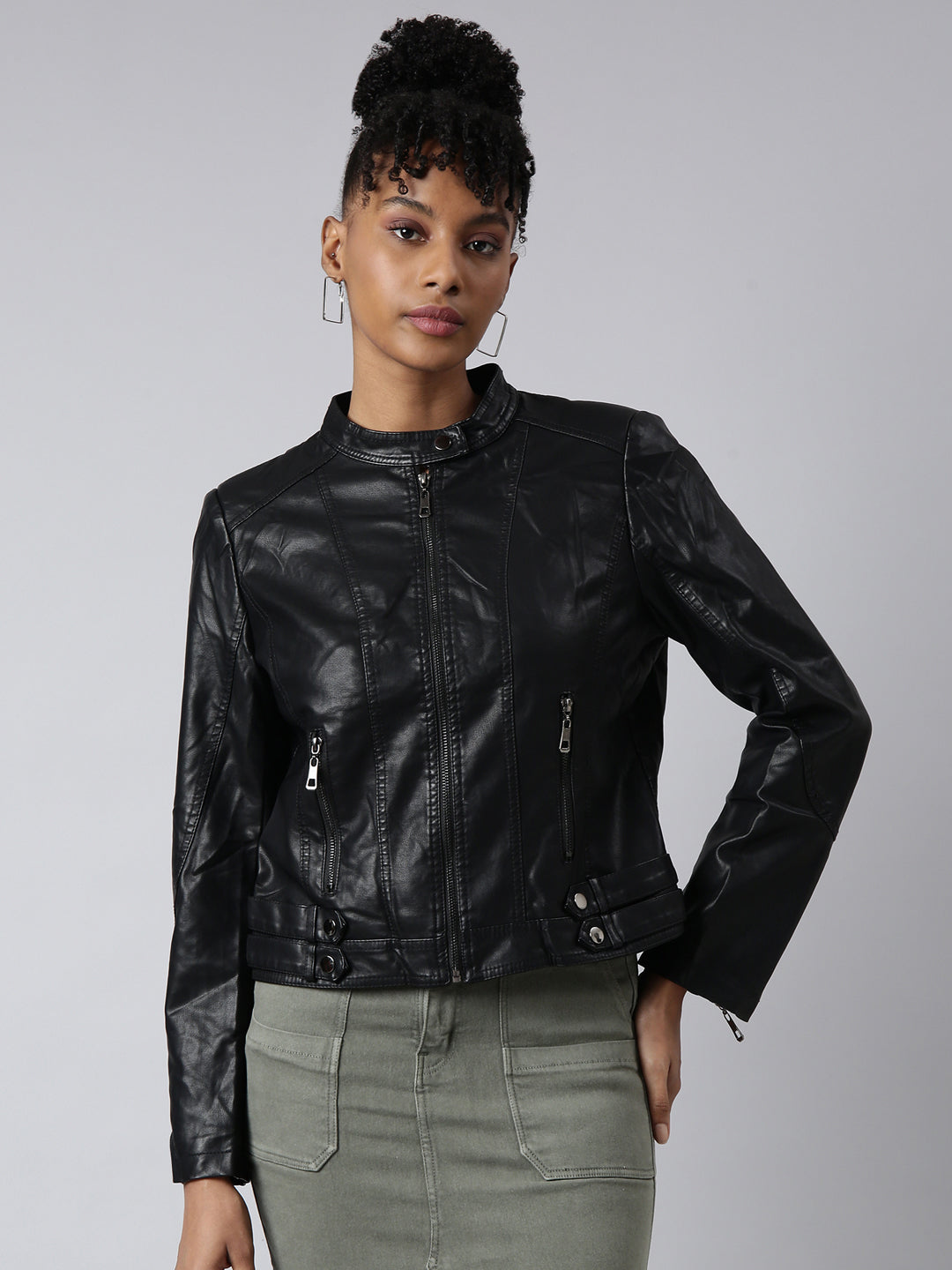 Women Solid Black Biker Jacket