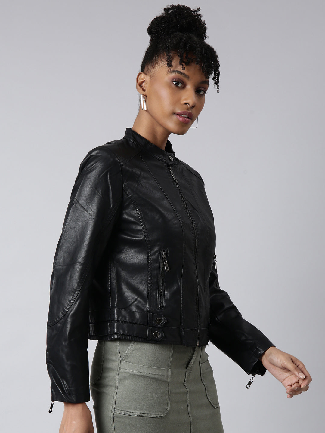 Women Solid Black Biker Jacket