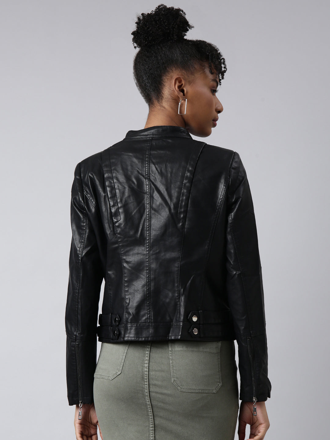 Women Solid Black Biker Jacket