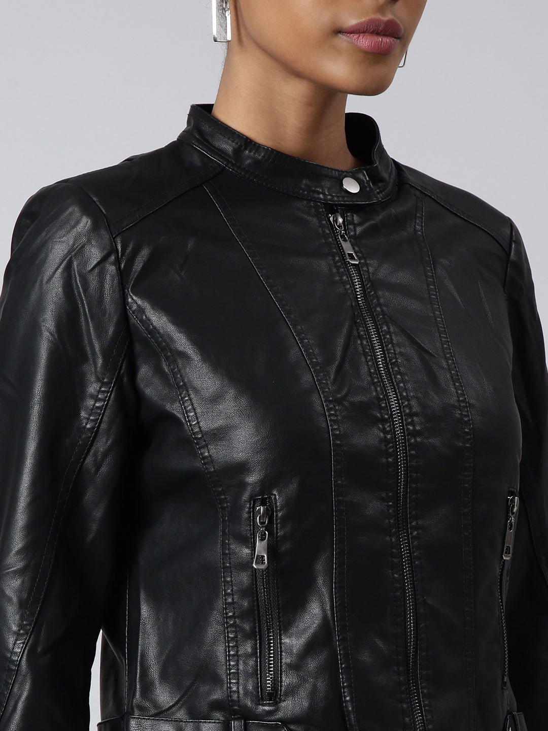 Women Solid Black Biker Jacket