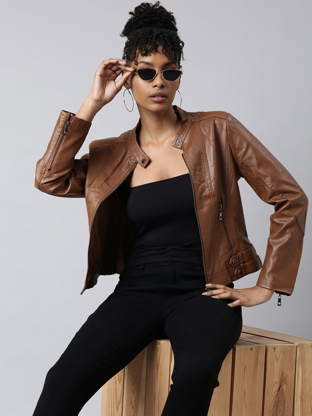 Women Solid Brown Biker Jacket