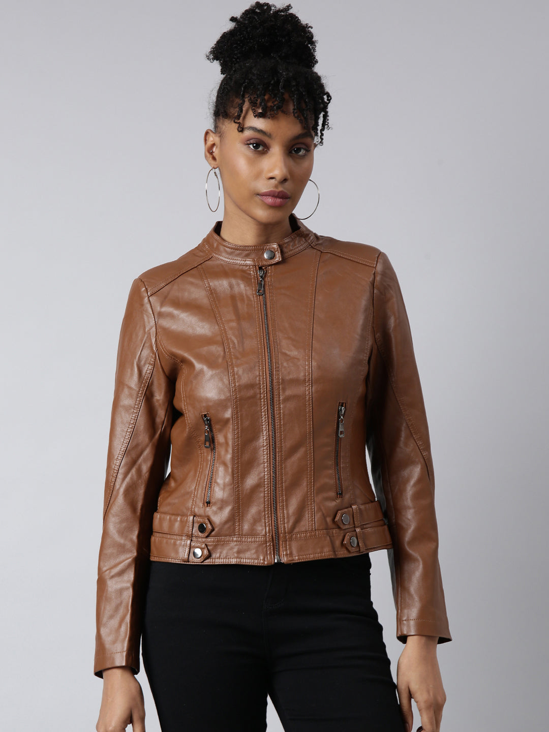 Women Solid Brown Biker Jacket