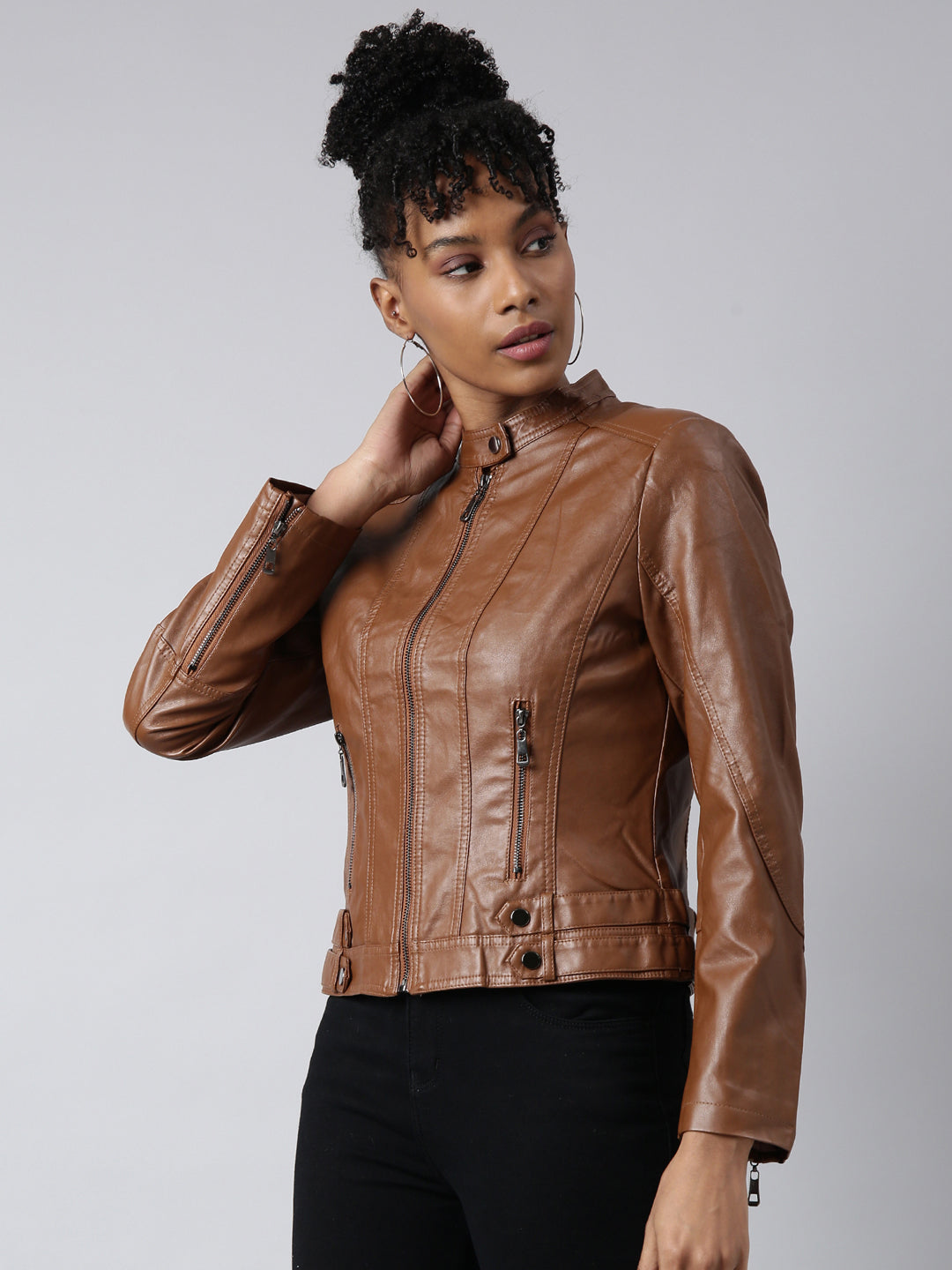 Women Solid Brown Biker Jacket