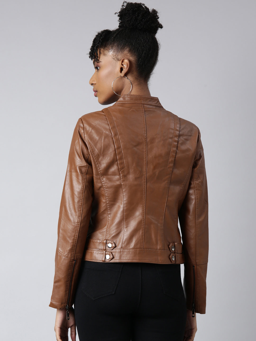 Women Solid Brown Biker Jacket