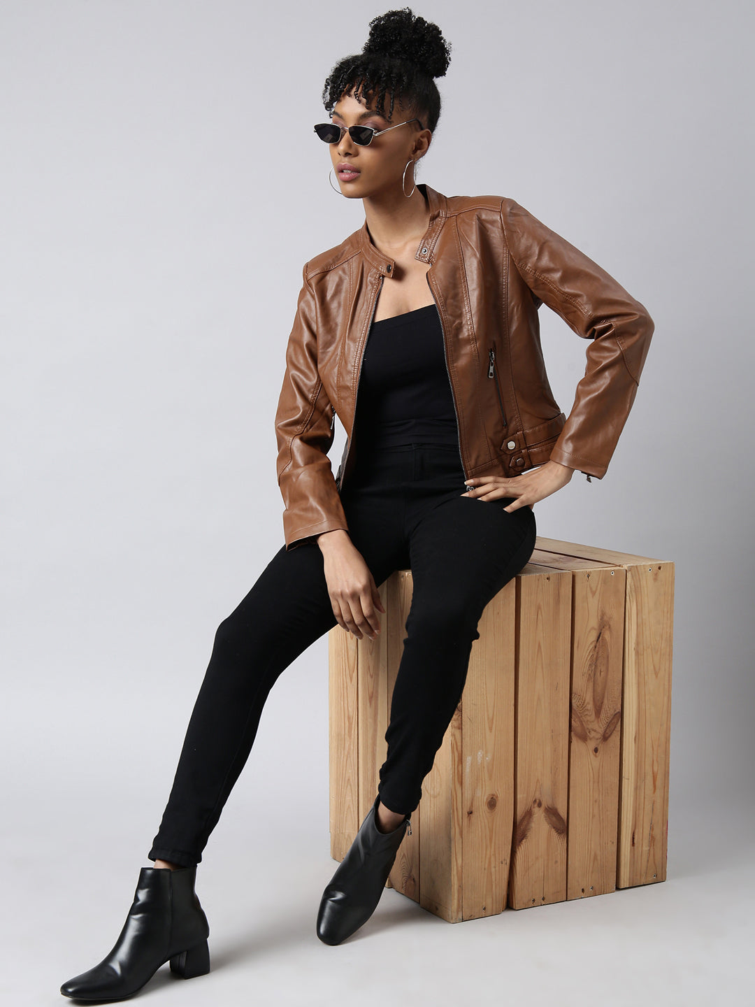 Women Solid Brown Biker Jacket