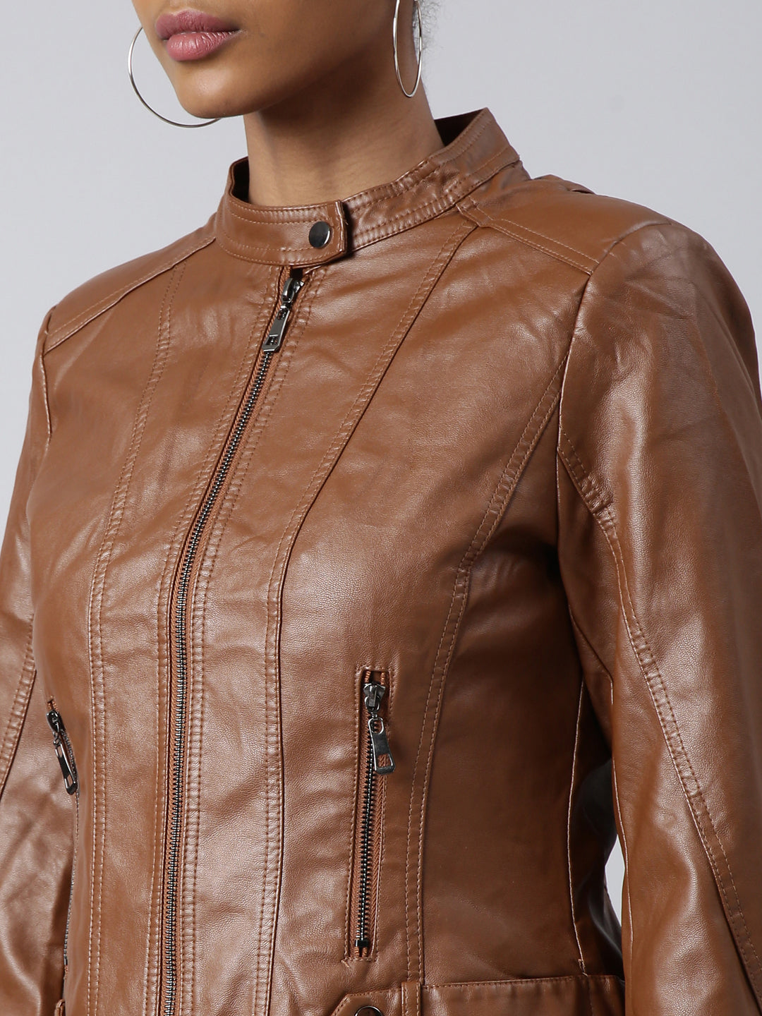 Women Solid Brown Biker Jacket