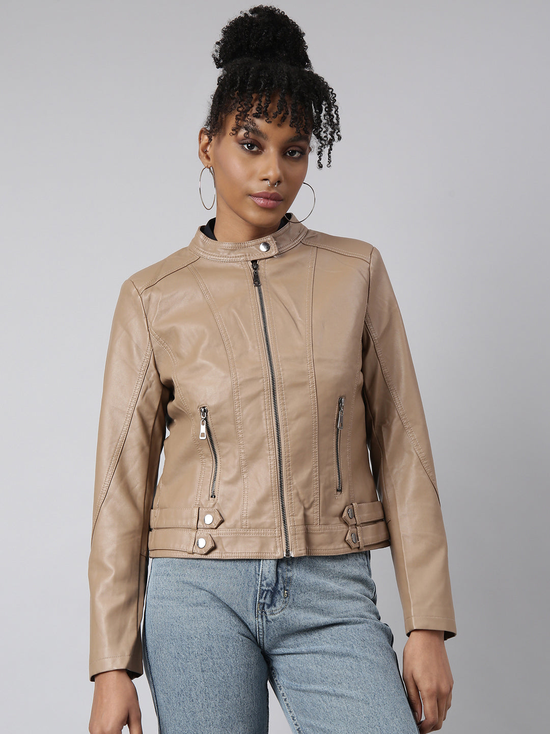 Women Solid Camel Brown Biker Jacket