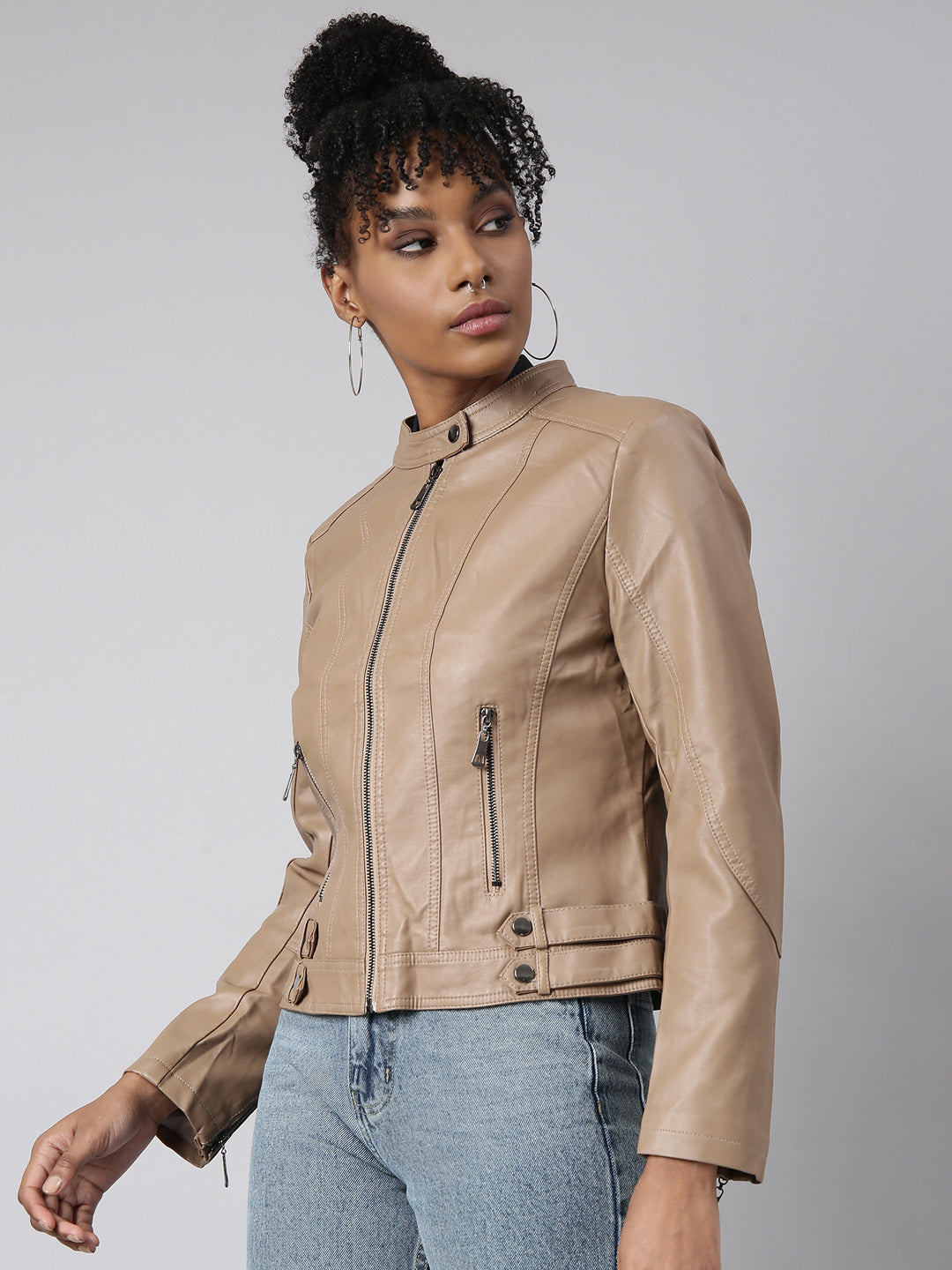 Women Solid Camel Brown Biker Jacket