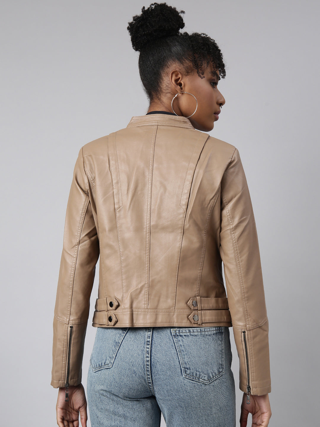 Women Solid Camel Brown Biker Jacket