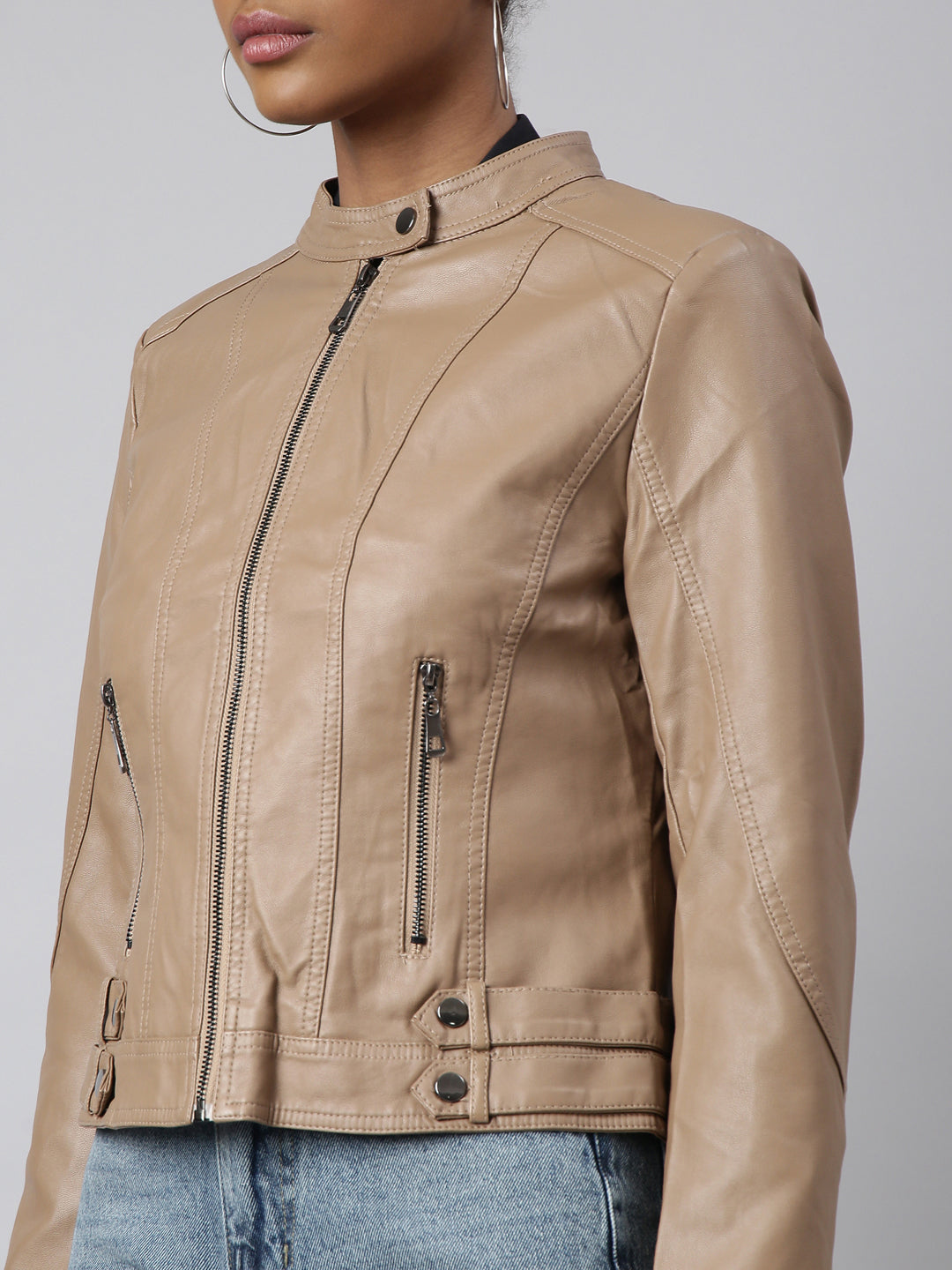 Women Solid Camel Brown Biker Jacket