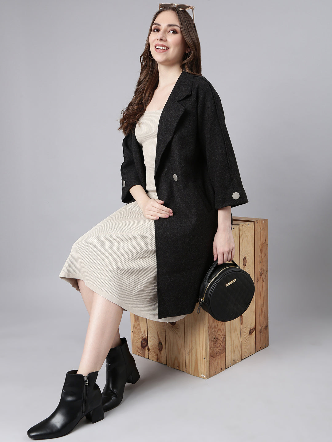 Women Acrylic Solid Charcoal Longline Tailored Jacket