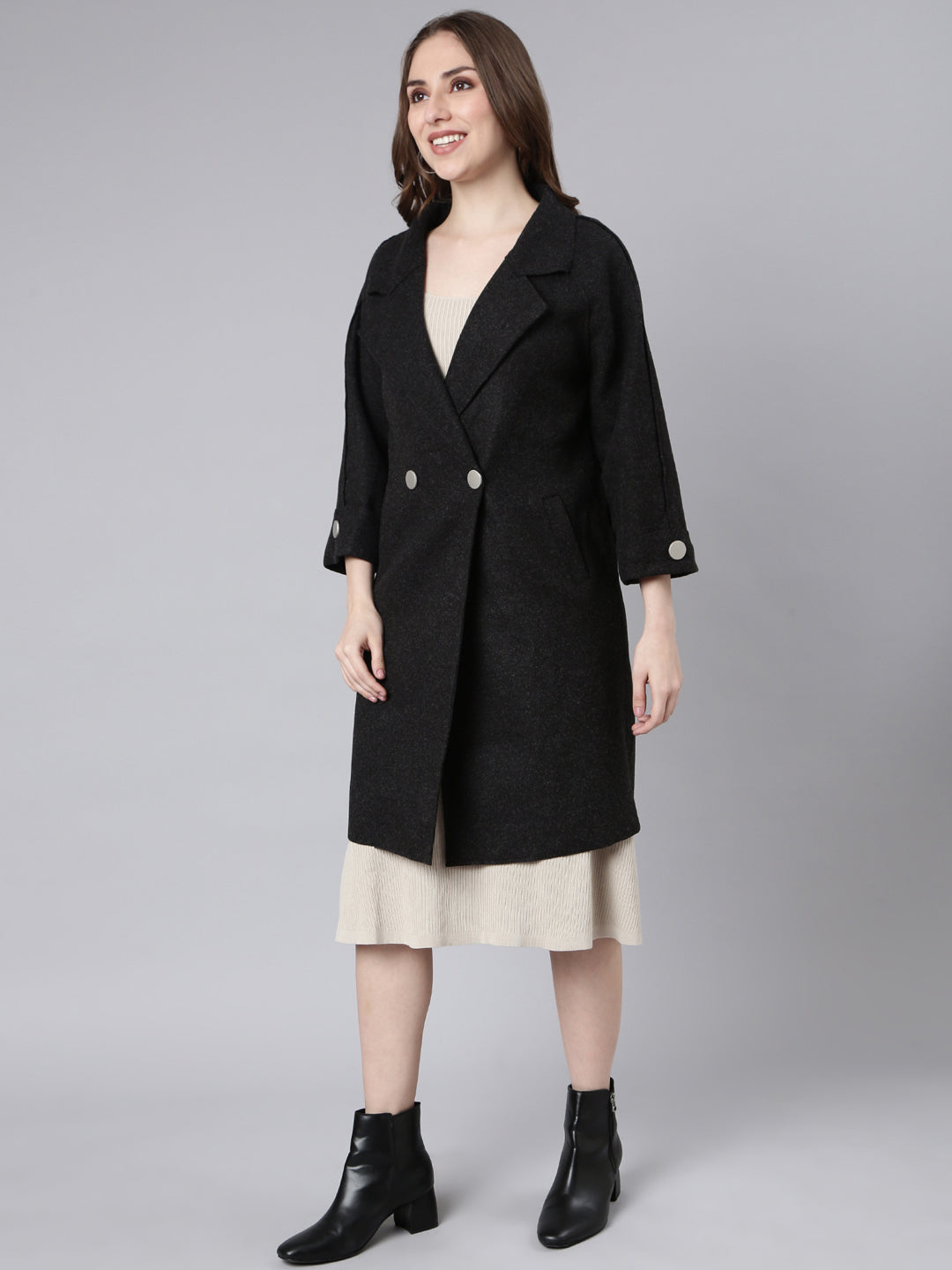 Women Acrylic Solid Charcoal Longline Tailored Jacket