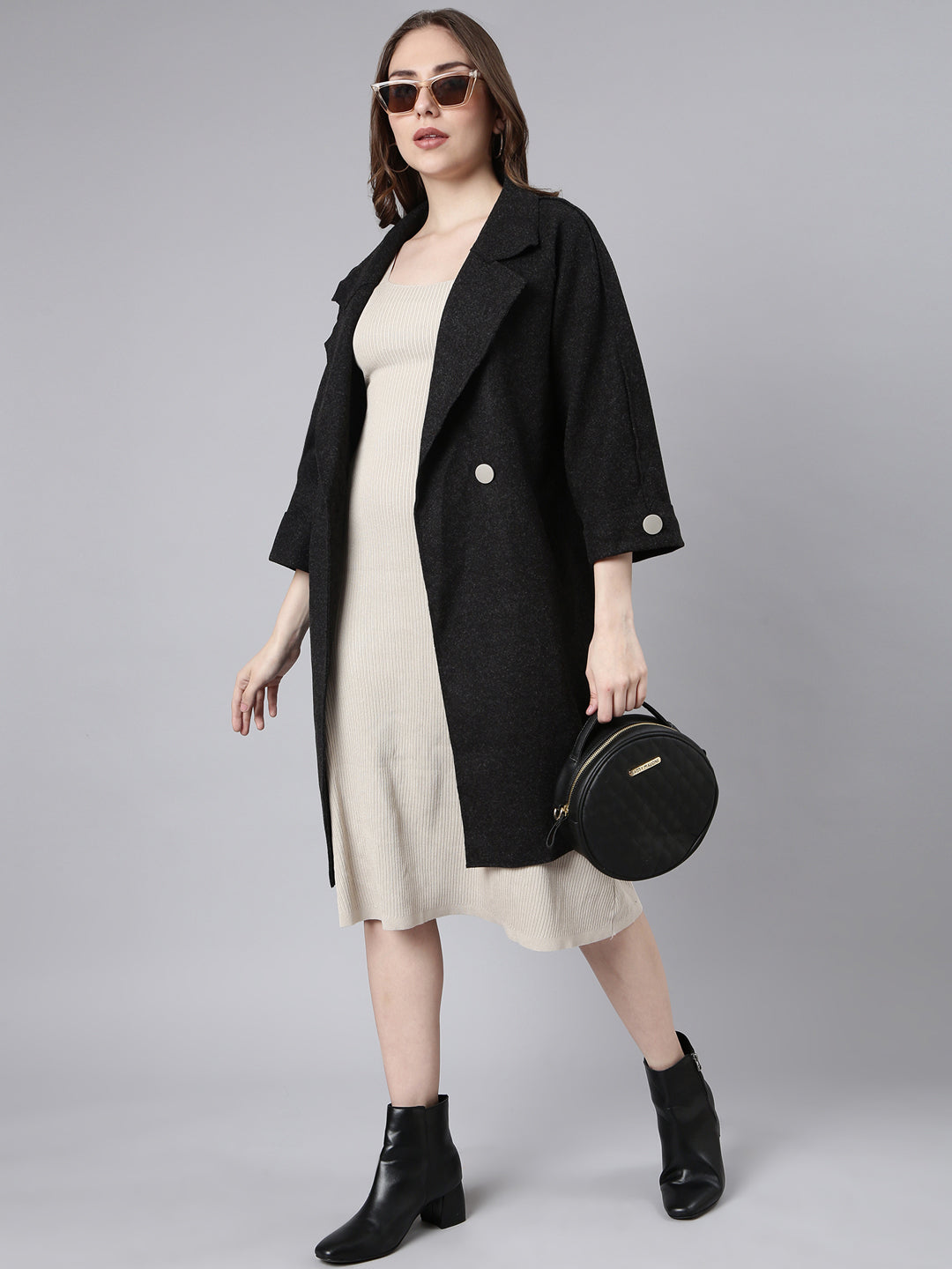 Women Acrylic Solid Charcoal Longline Tailored Jacket