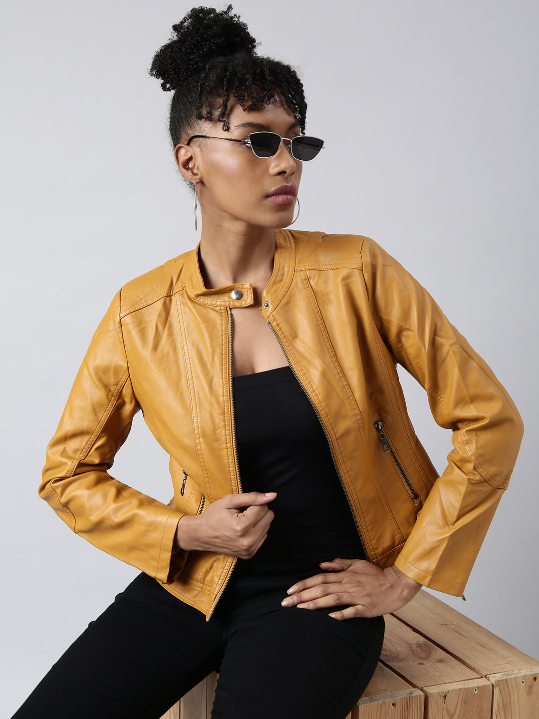 Women Solid Mustard Biker Jacket