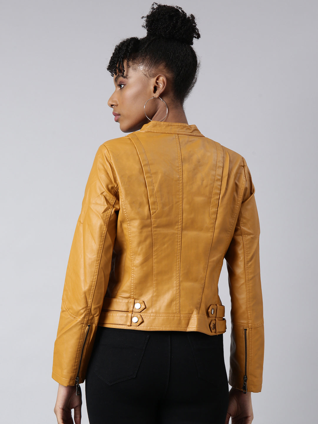 Women Solid Mustard Biker Jacket