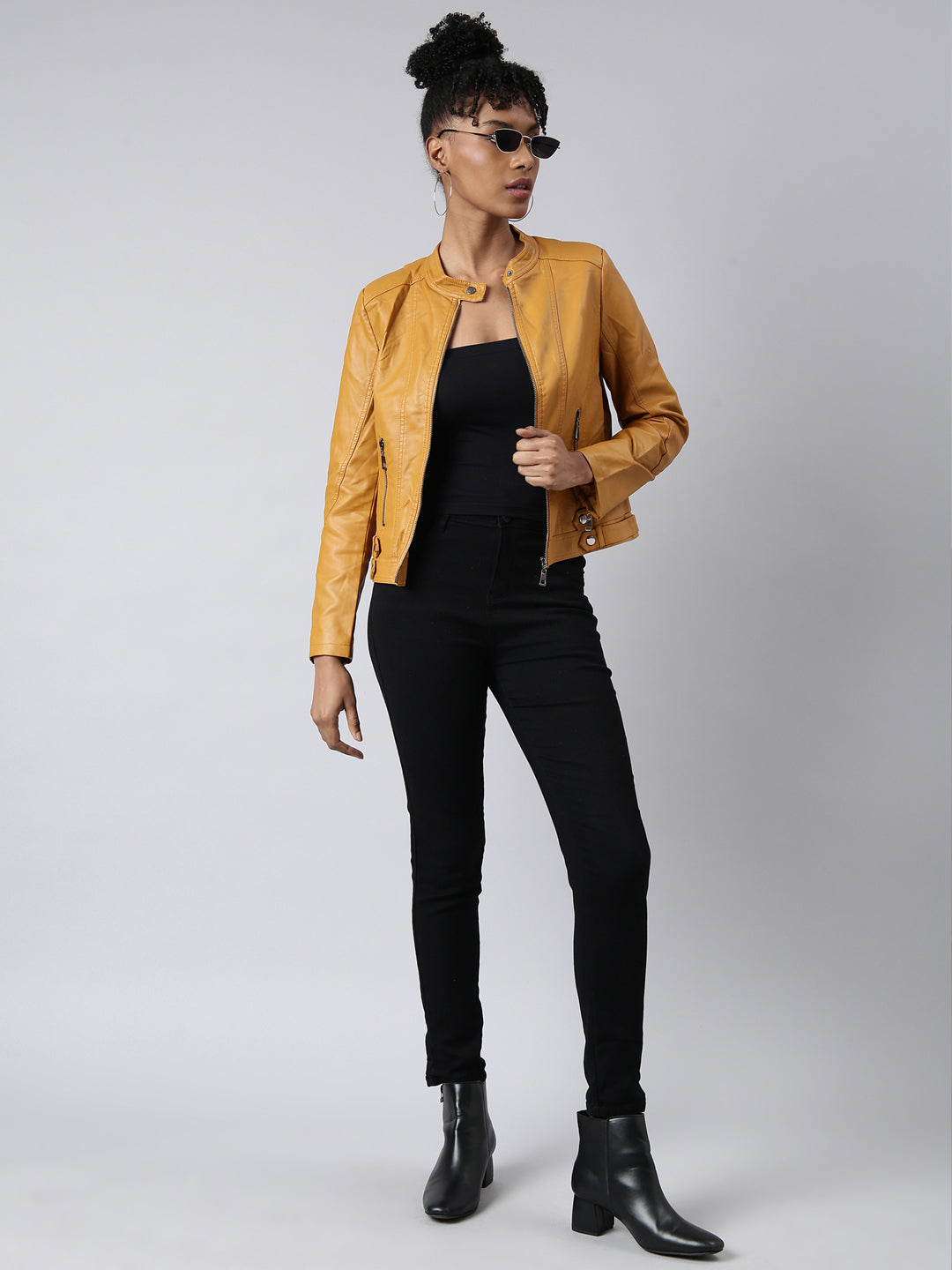 Women Solid Mustard Biker Jacket