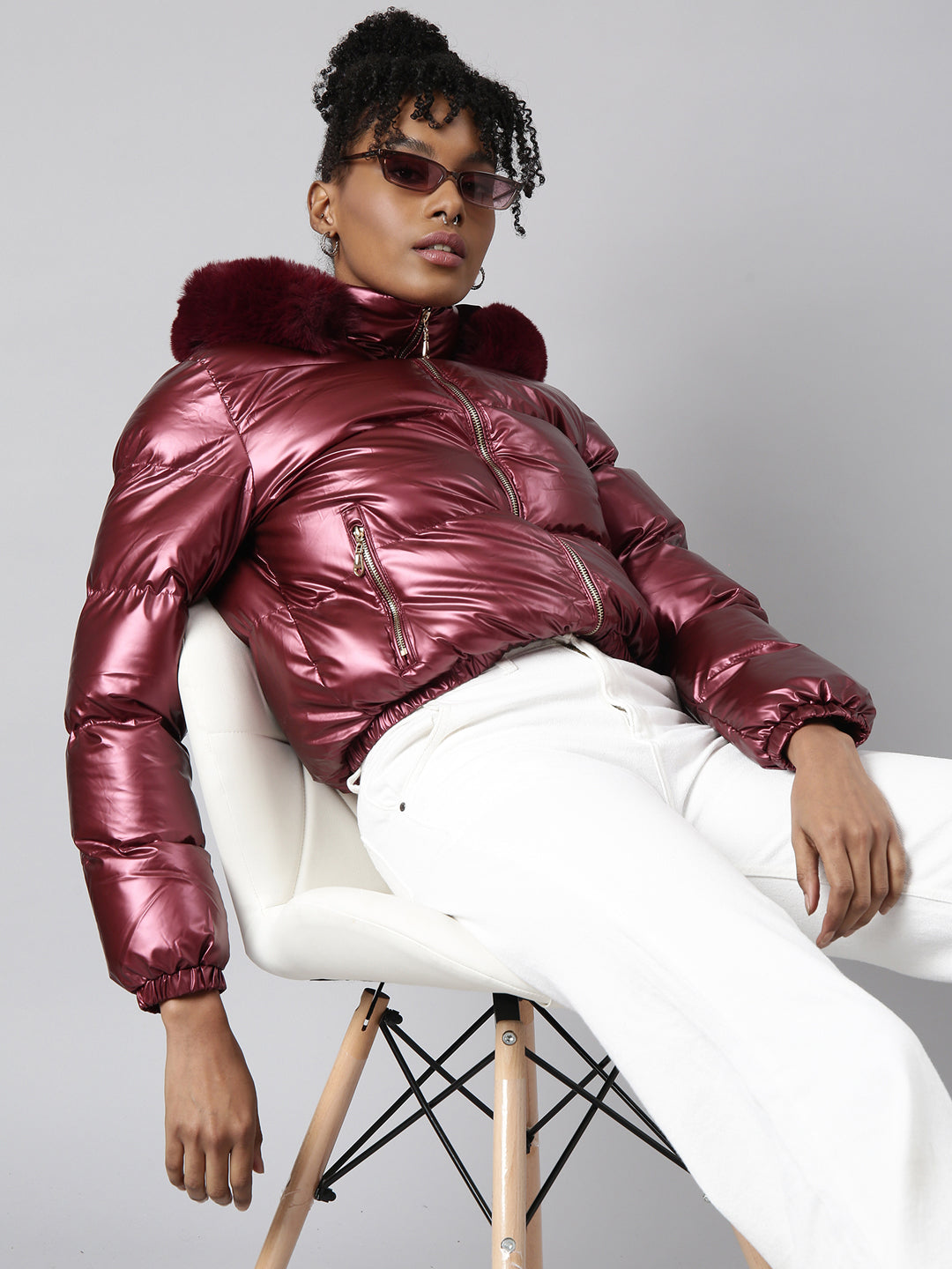 Women Solid Maroon Puffer Jacket Comes with Detachable Hood