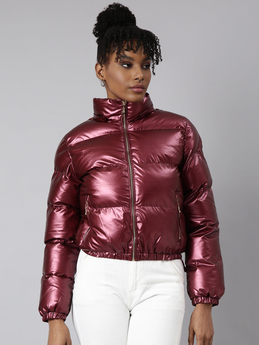 Women Solid Maroon Puffer Jacket Comes with Detachable Hood