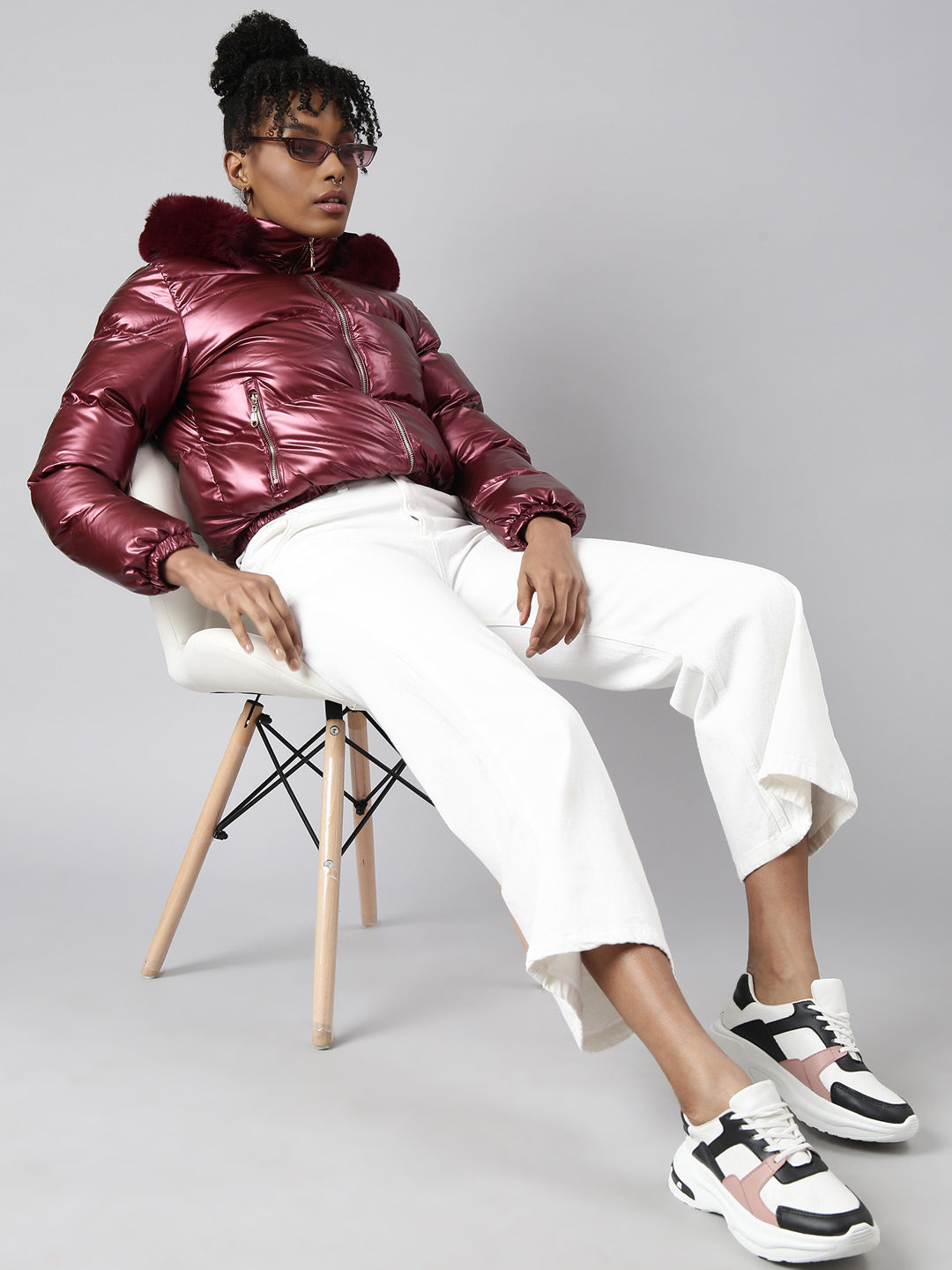 Women Solid Maroon Puffer Jacket Comes with Detachable Hood