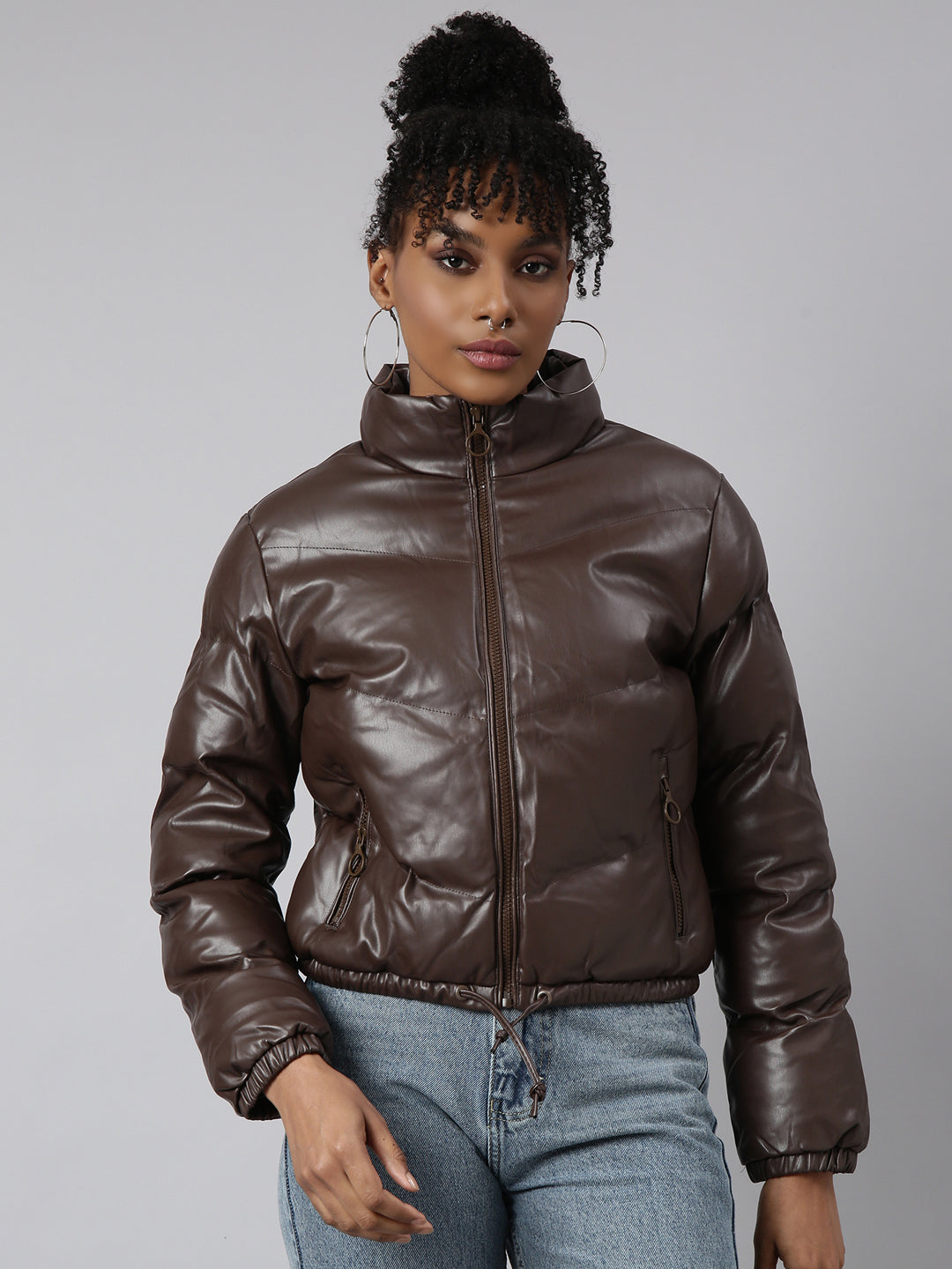 Women Solid Brown Puffer Jacket