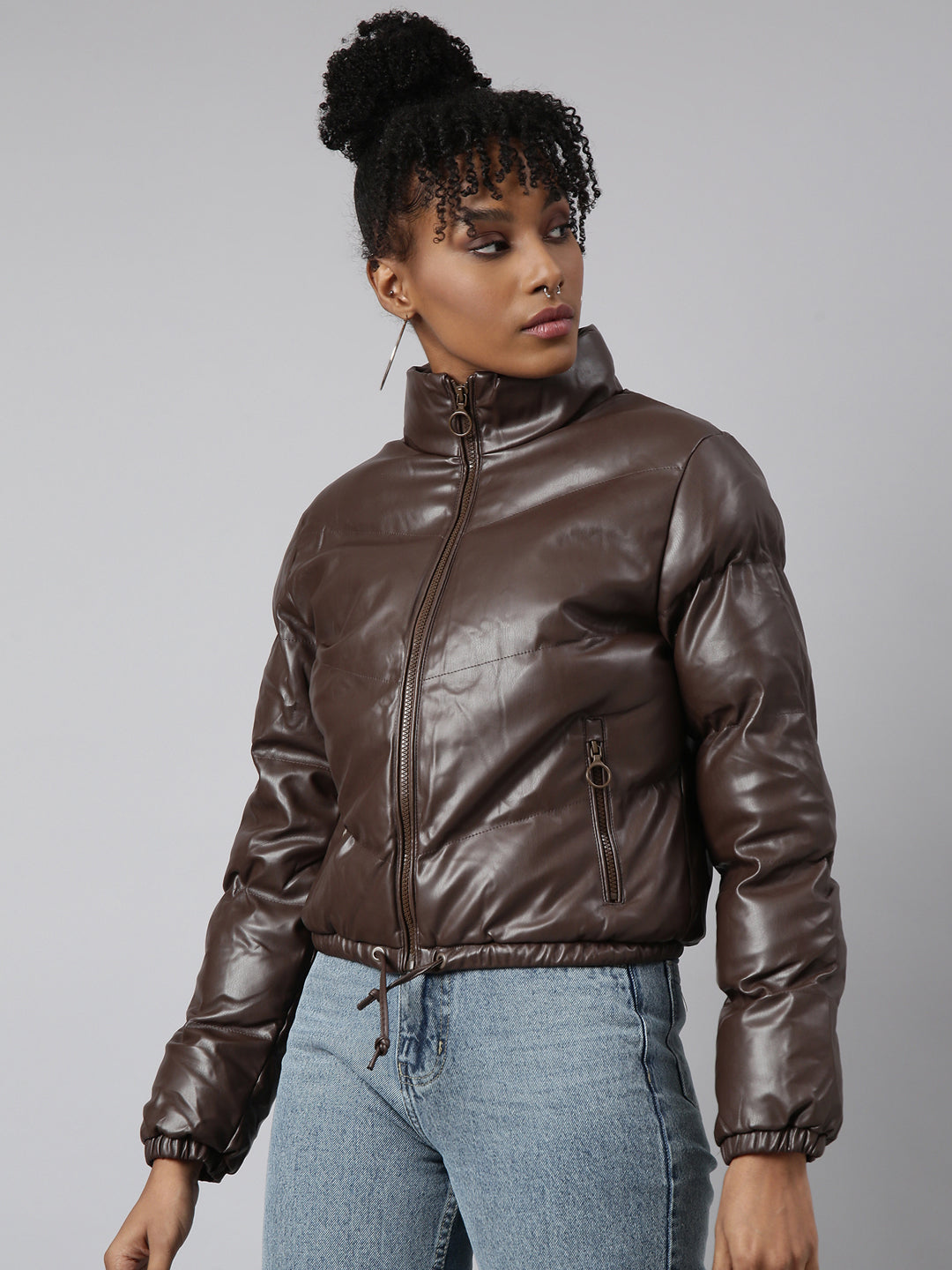 Women Solid Brown Puffer Jacket