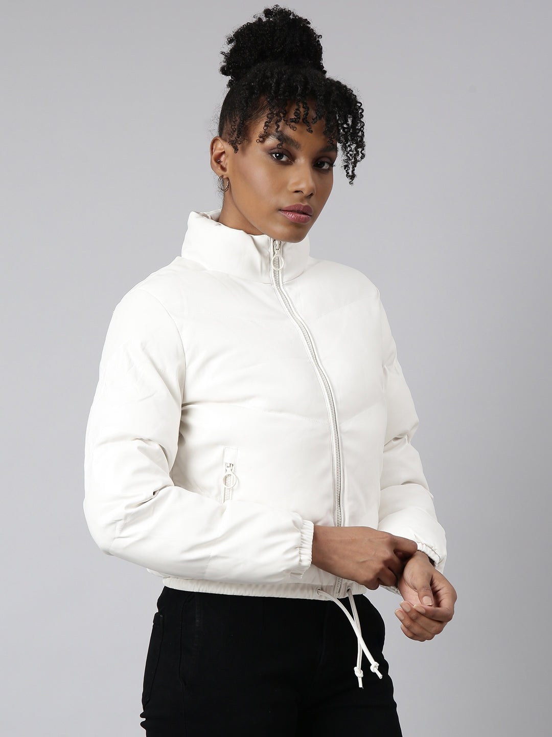 Women Solid White Puffer Jacket