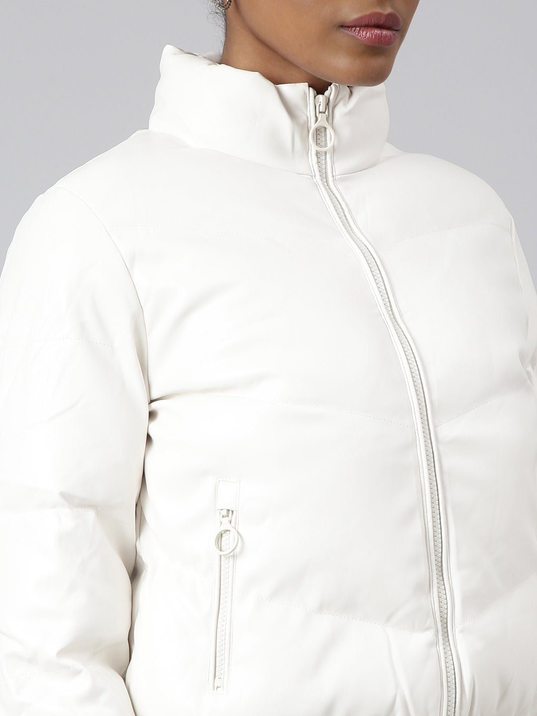 Women Solid White Puffer Jacket