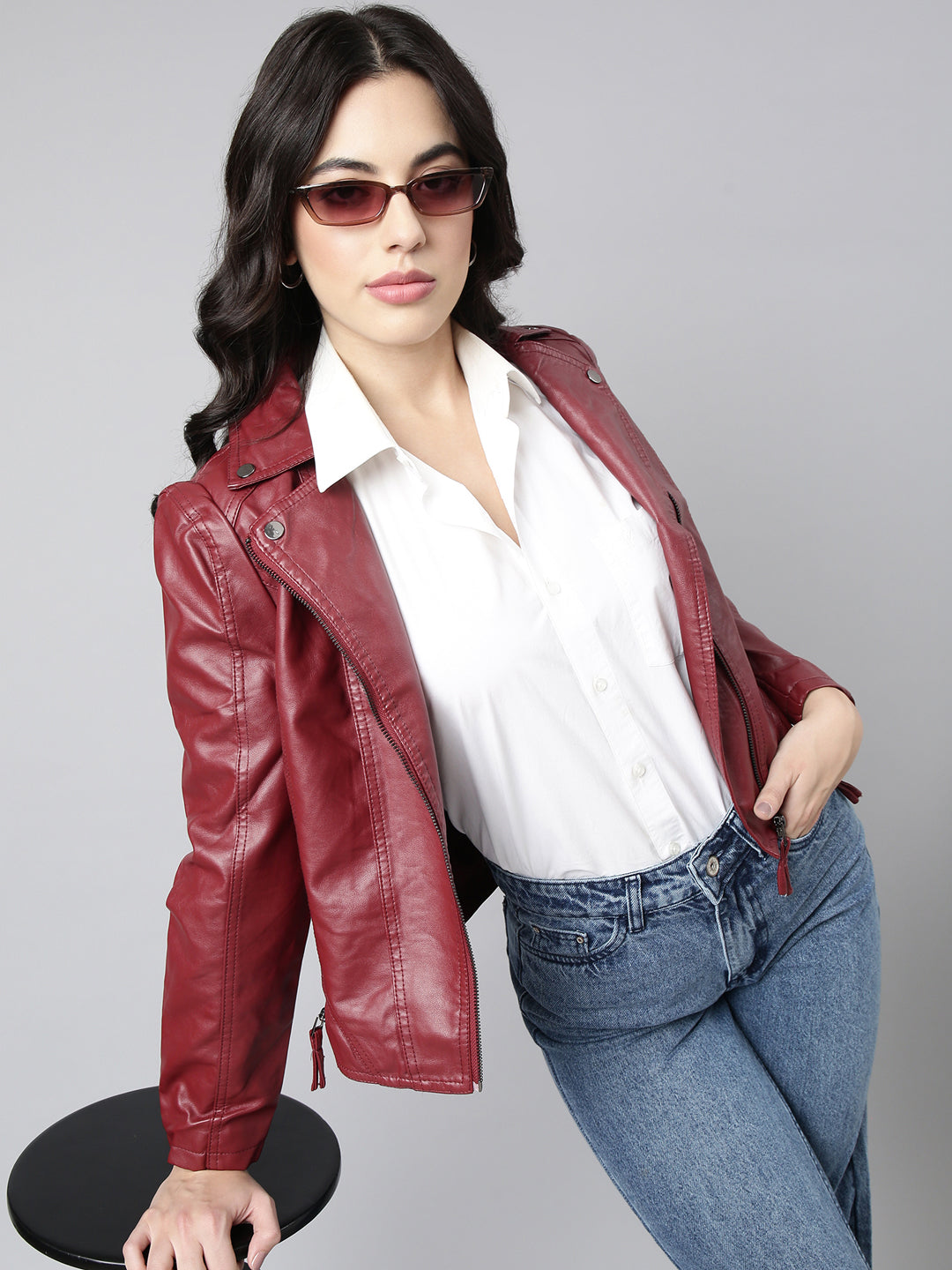 Women Solid Maroon Biker Jacket